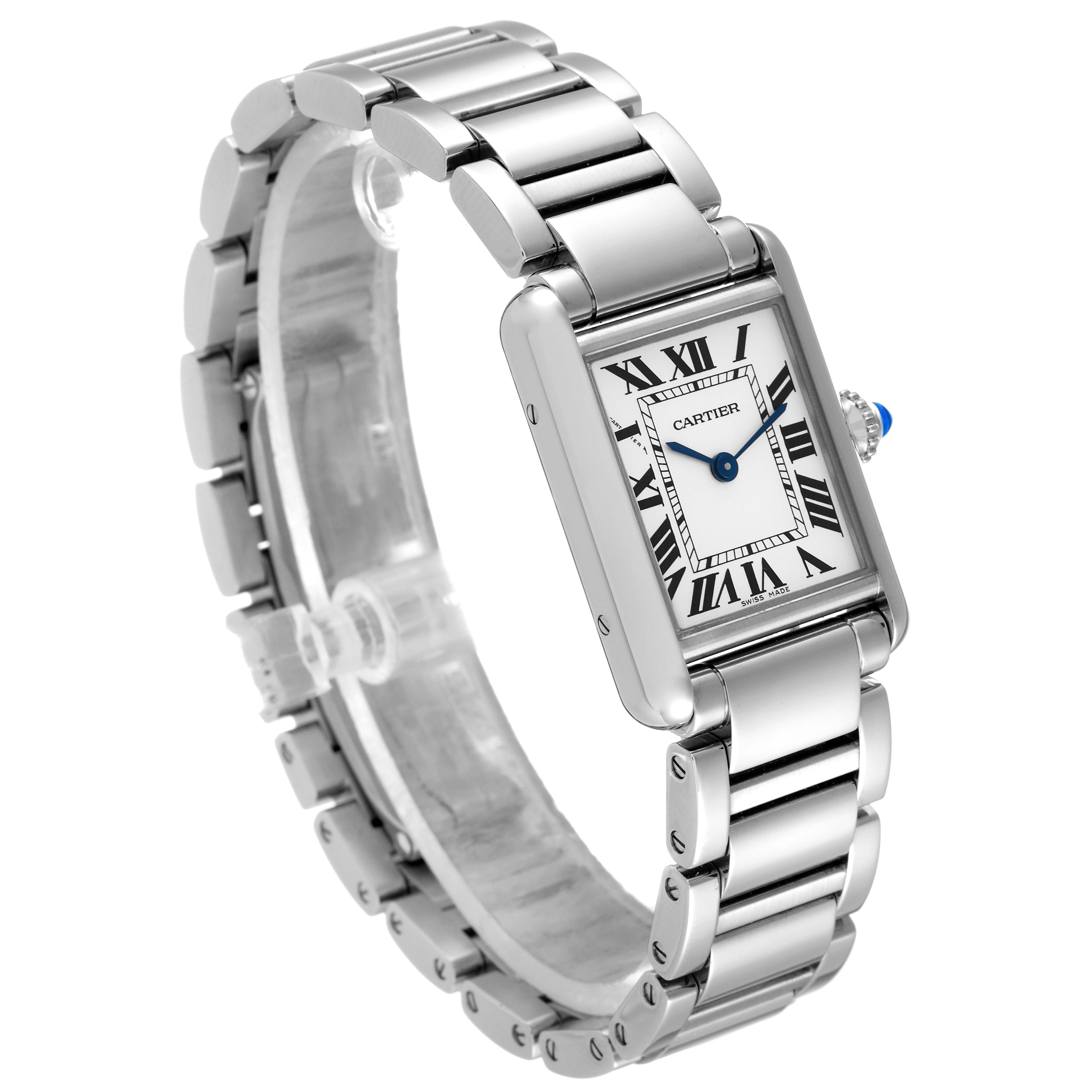 The image shows a Cartier Tank Must WSTA0051 Women
s Stainless Steel Silver Dial WSTA0051 Women
s Stainless Steel Silver Dial watch at a three-quarter angle, showcasing its rectangular face, Roman numerals, and metal bracelet.