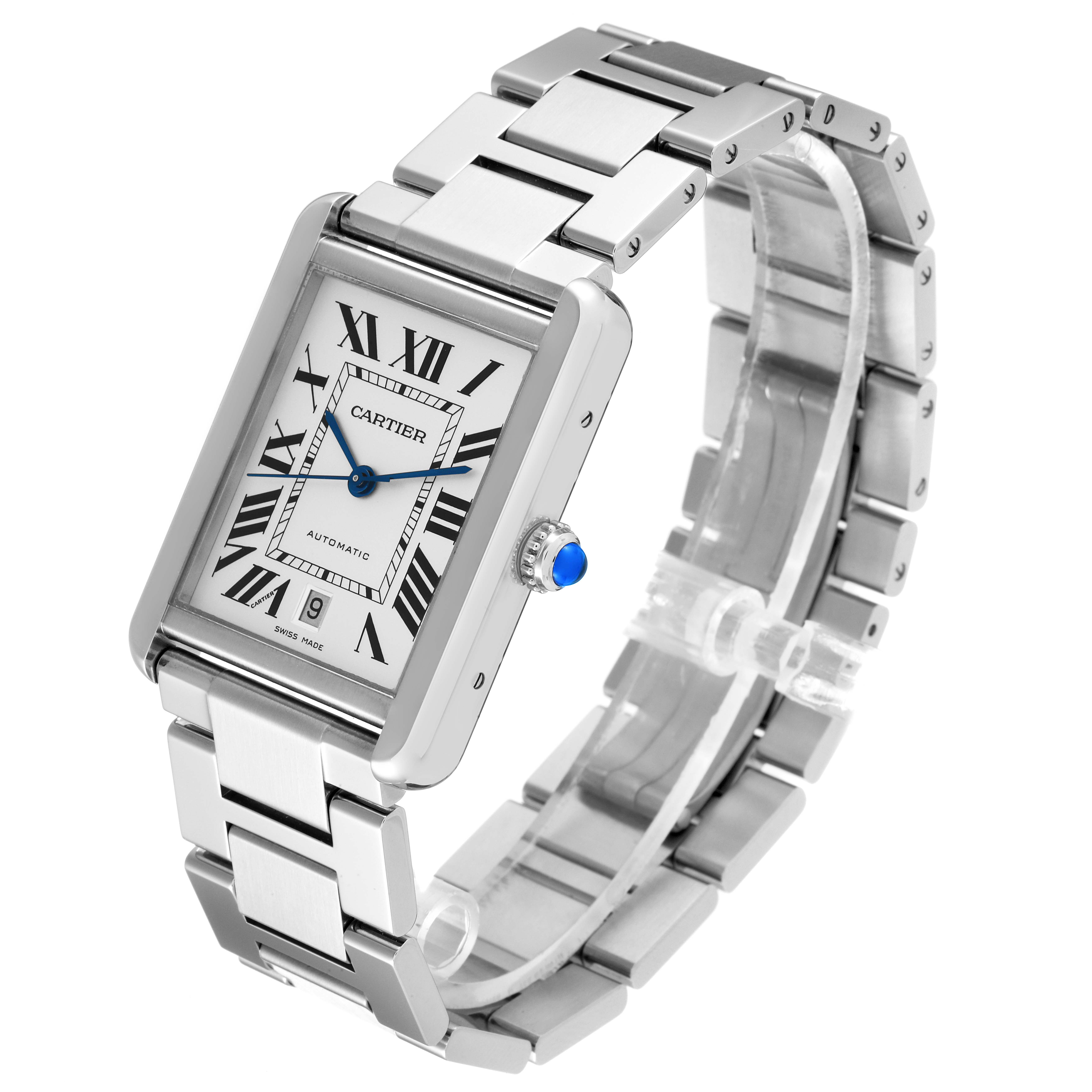 The image shows a Cartier Tank Solo W5200028 Men's Stainless Steel Silver Dial W5200028 Men's Stainless Steel Silver Dial watch at a slight angle, highlighting its rectangular face and stainless steel bracelet.
