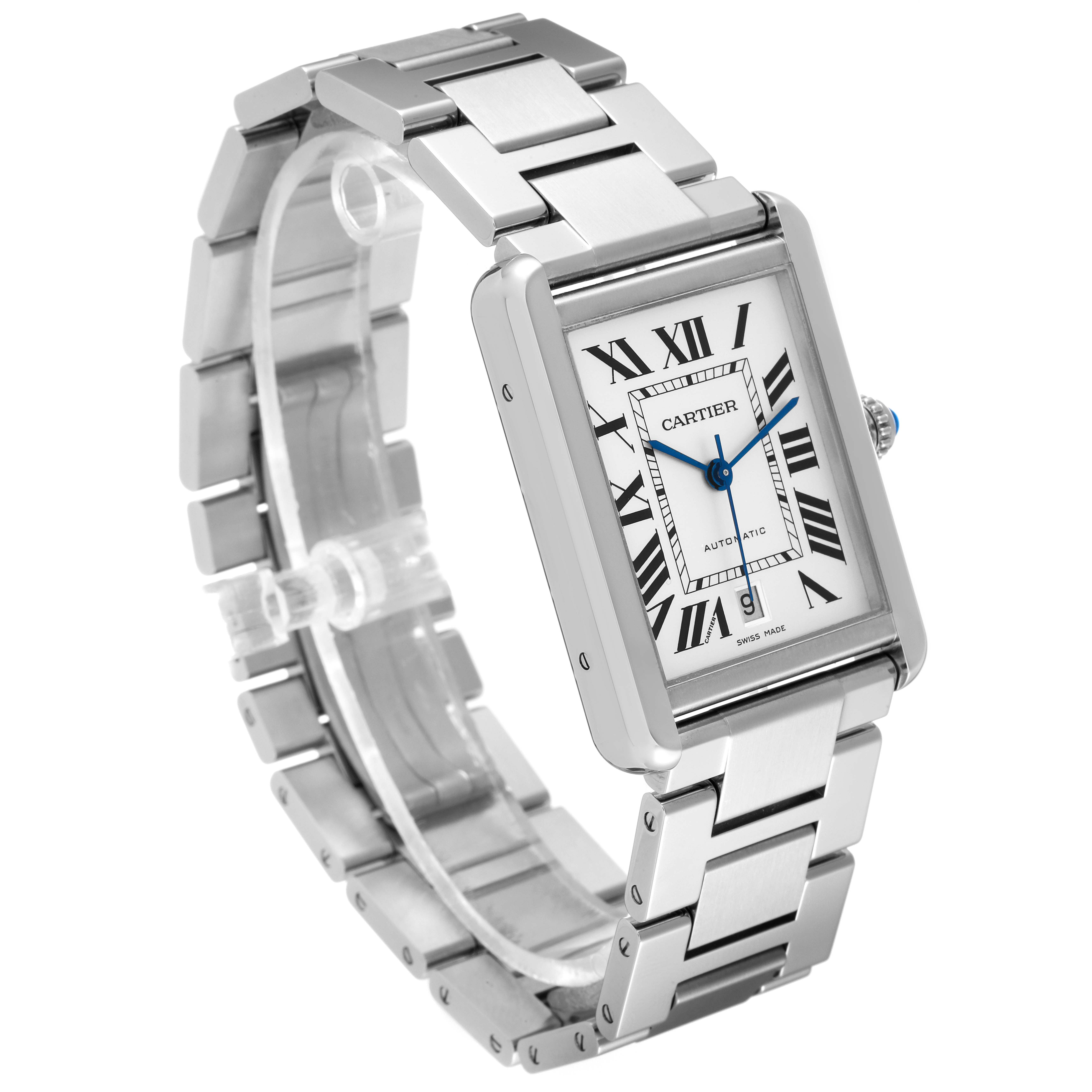 The image shows a Cartier Tank Solo W5200028 Men's Stainless Steel Silver Dial W5200028 Men's Stainless Steel Silver Dial model watch at a front angle, highlighting its rectangular face and metal bracelet.