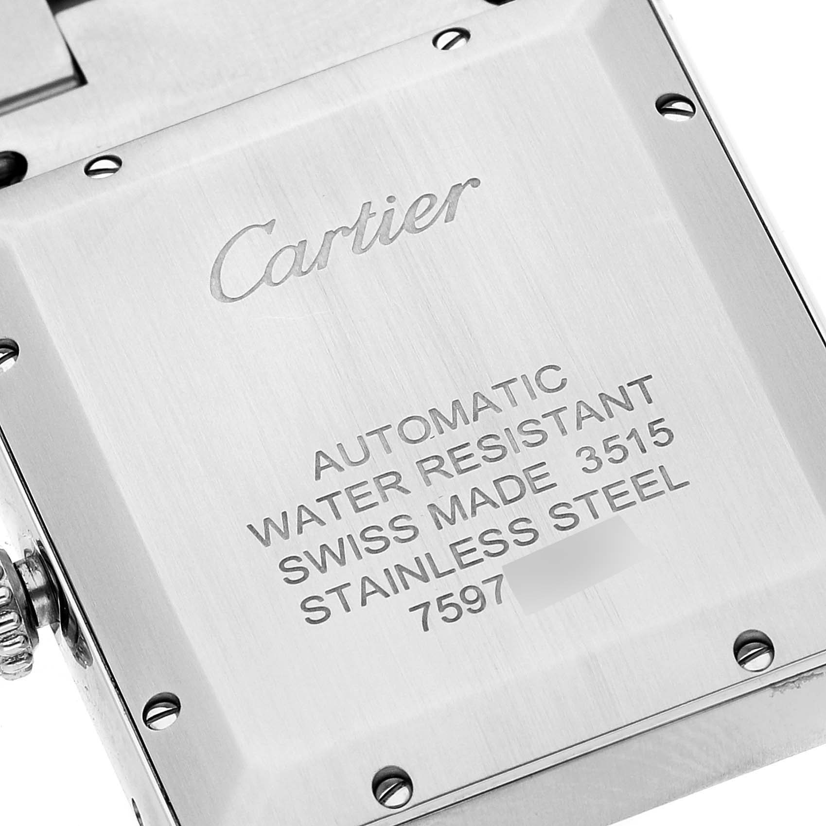 The image shows the back case of a Cartier Tank Solo W5200028 Men's Stainless Steel Silver Dial W5200028 Men's Stainless Steel Silver Dial watch, highlighting the brand name and specifications.