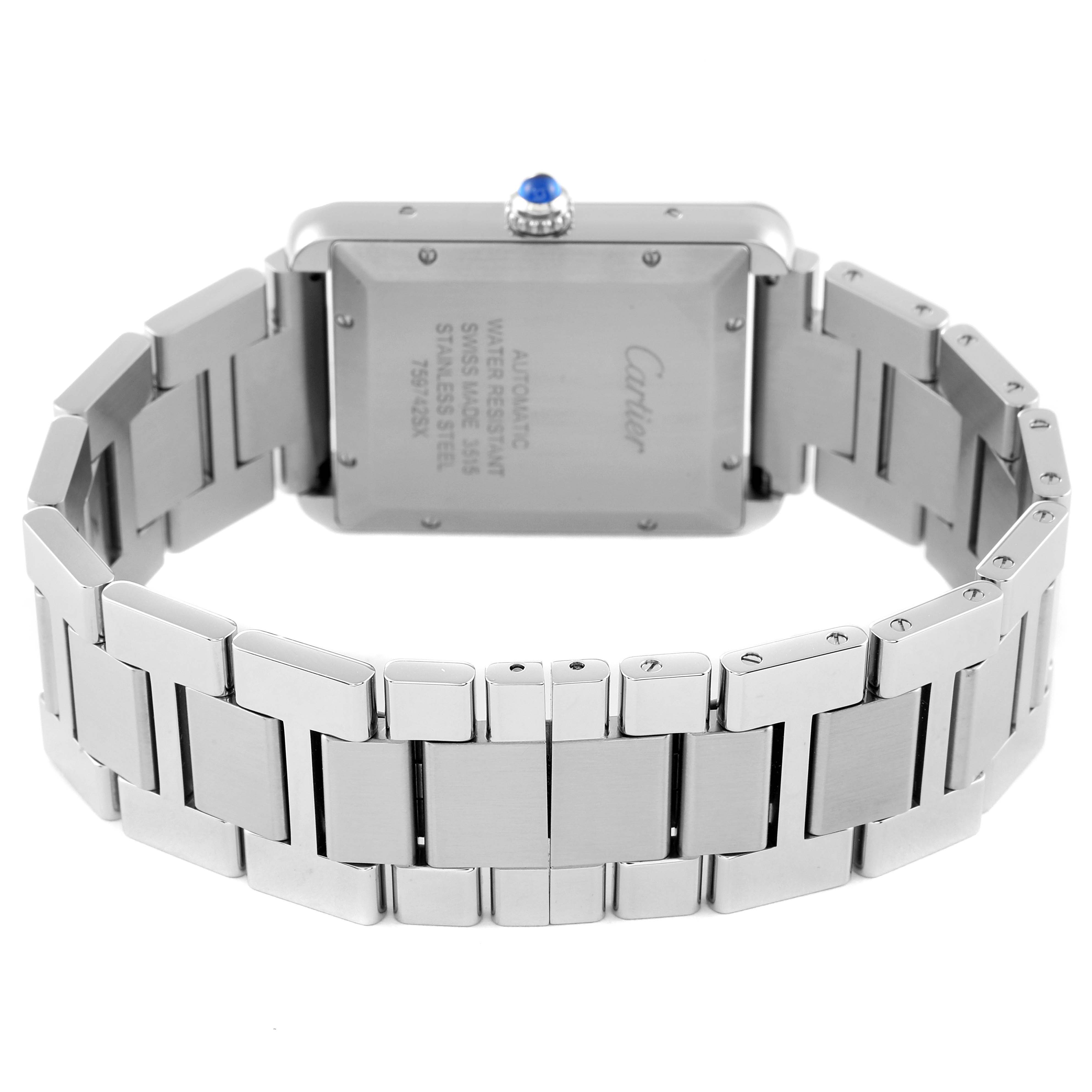 This image shows the back case and bracelet of the Cartier Tank Solo W5200028 Men's Stainless Steel Silver Dial W5200028 Men's Stainless Steel Silver Dial watch.