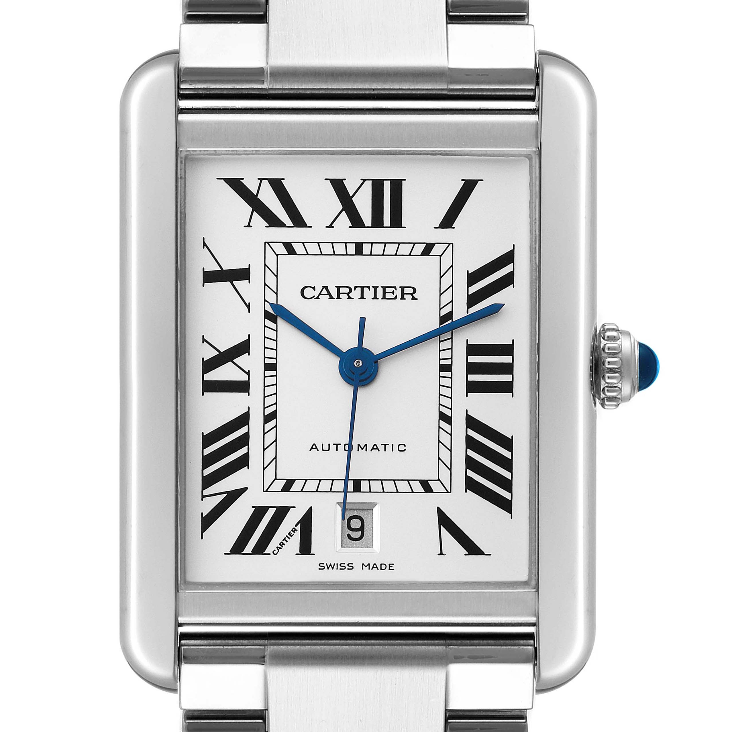The image shows a close-up, front-angle view of the Cartier Tank Solo W5200028 Men's Stainless Steel Silver Dial W5200028 Men's Stainless Steel Silver Dial watch face and part of the metal strap.