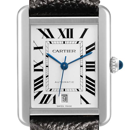 The Cartier Tank Solo W5200027 Men's Stainless Steel Silver Dial watch is shown from the front, displaying the face, Roman numerals, and crown.