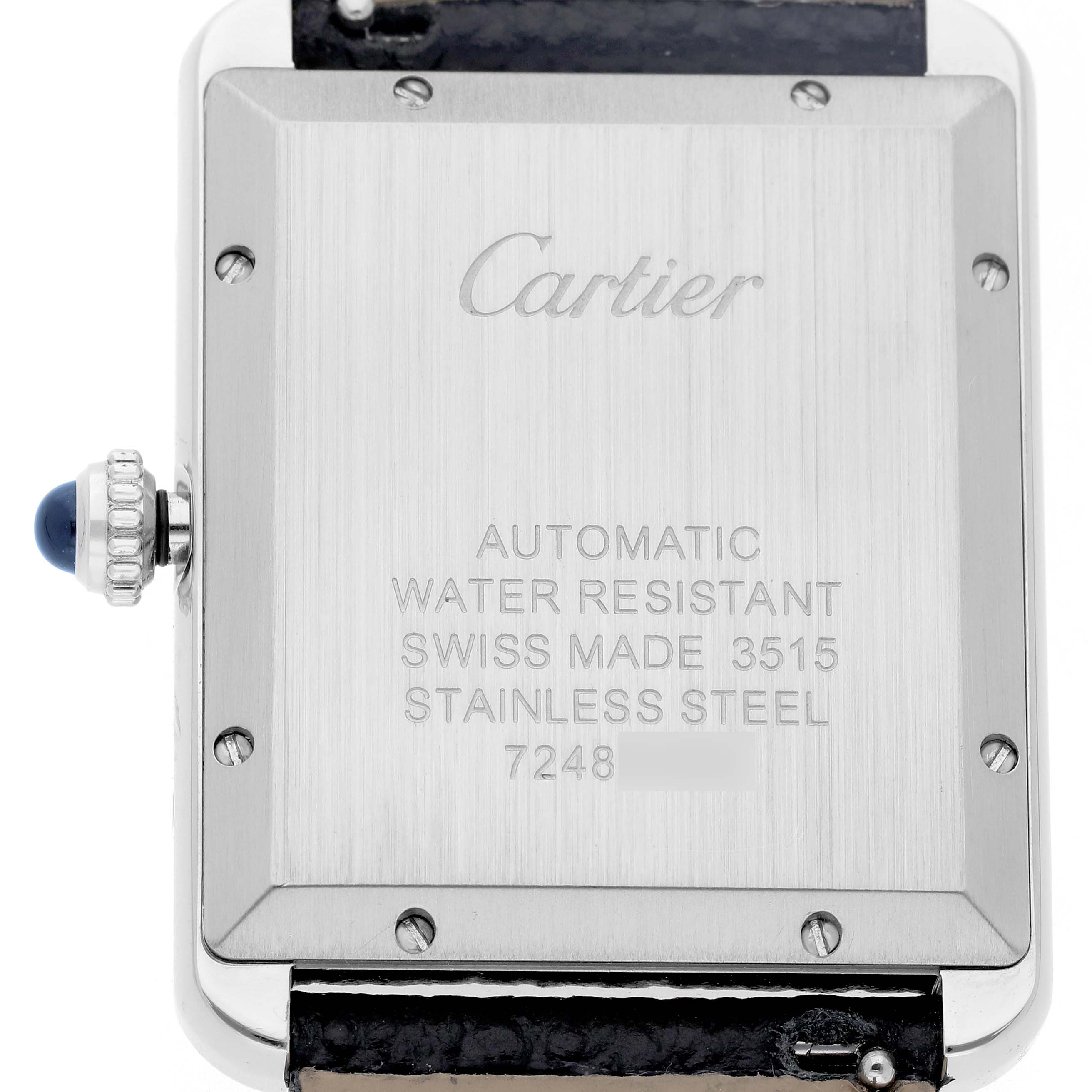 The image shows the back of the Cartier Tank Solo W5200027 Men's Stainless Steel Silver Dial watch, featuring its case back details and a visible crown.