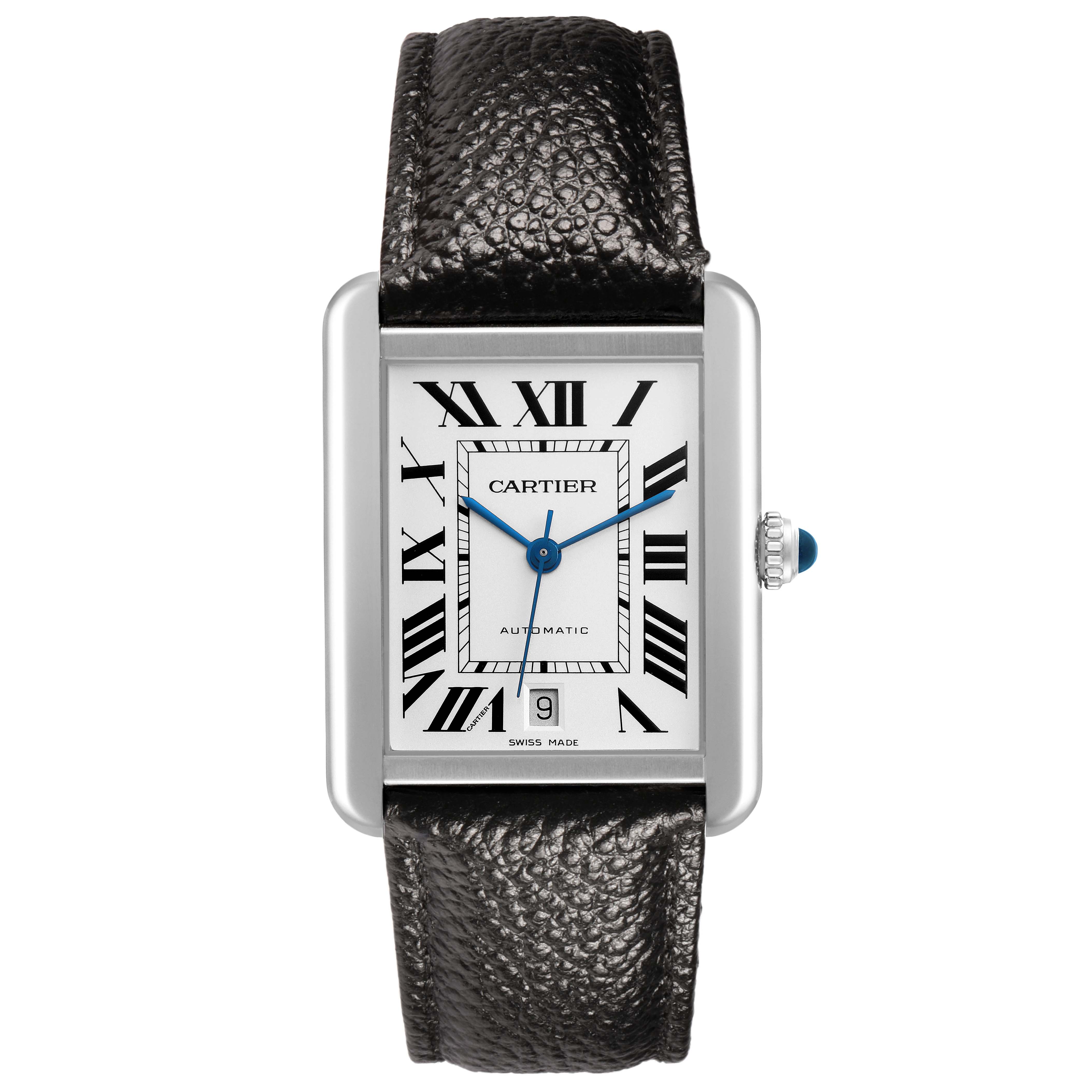 The Cartier Tank Solo W5200027 Men's Stainless Steel Silver Dial watch is shown from the front, displaying the leather strap, Roman numeral dial, and blue hands.
