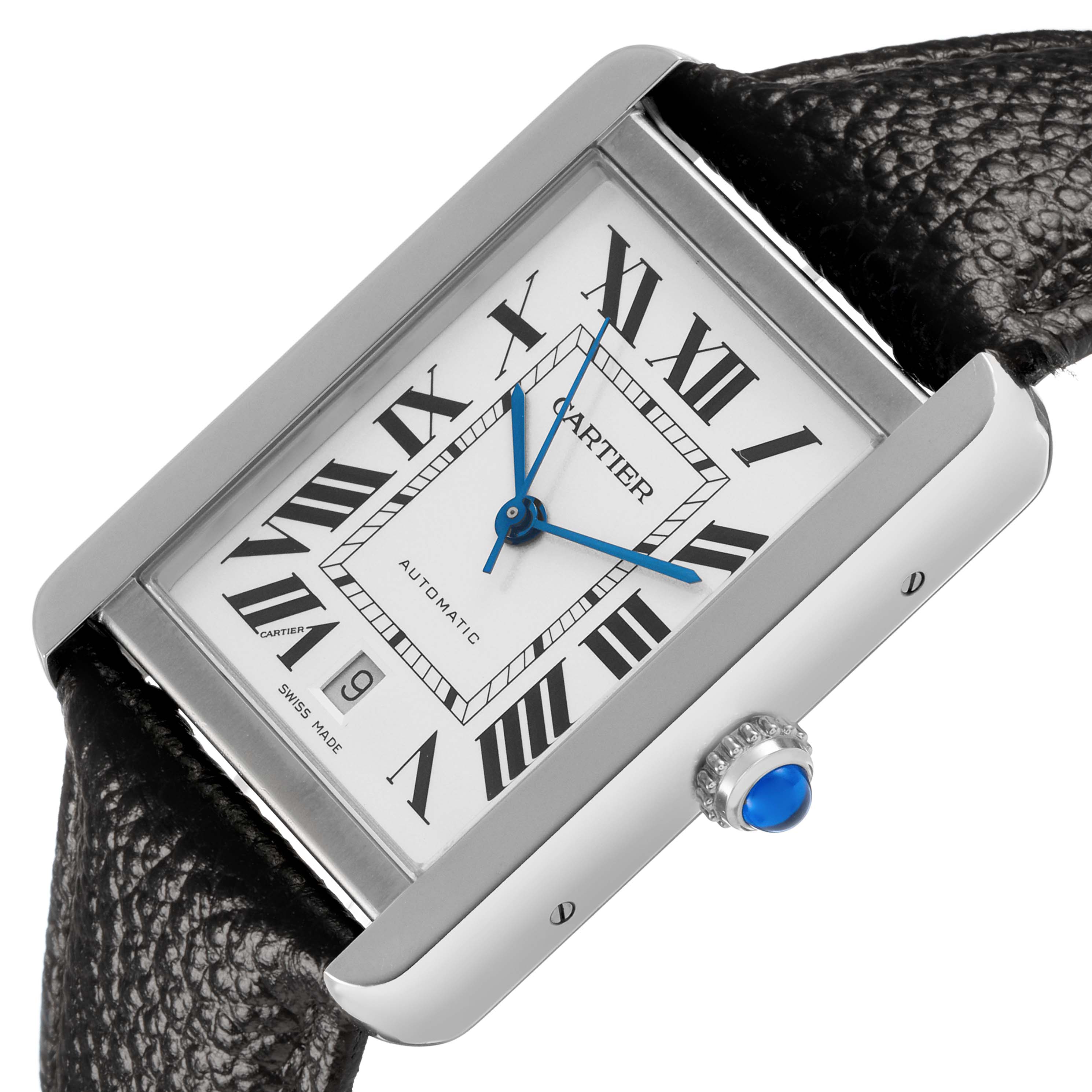 The Cartier Tank Solo W5200027 Men's Stainless Steel Silver Dial watch is shown at a slight angle, highlighting its face, Roman numerals, blue hands, and leather strap.