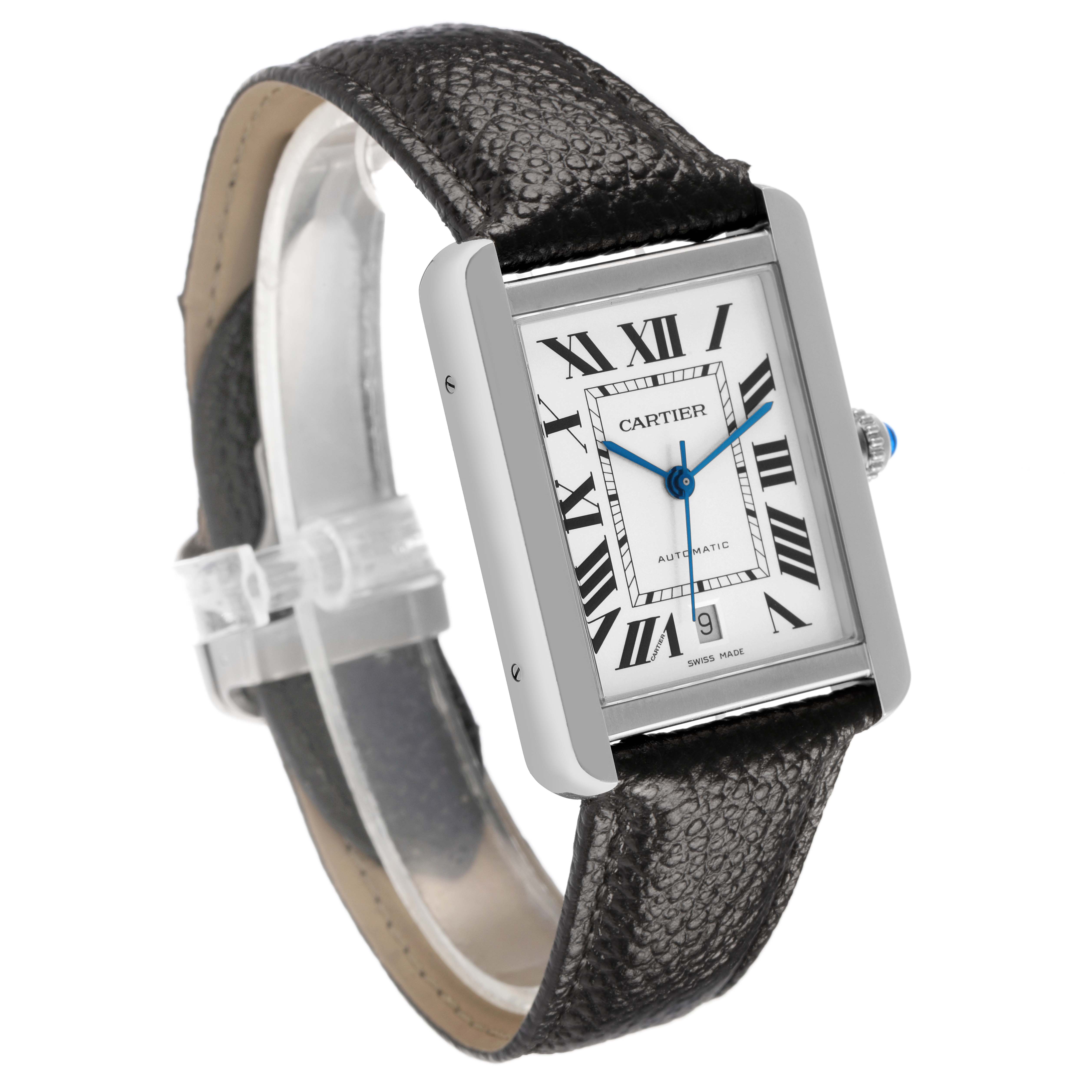 The Cartier Tank Solo W5200027 Men's Stainless Steel Silver Dial watch is shown at a slight angle, displaying the face, strap, and crown.