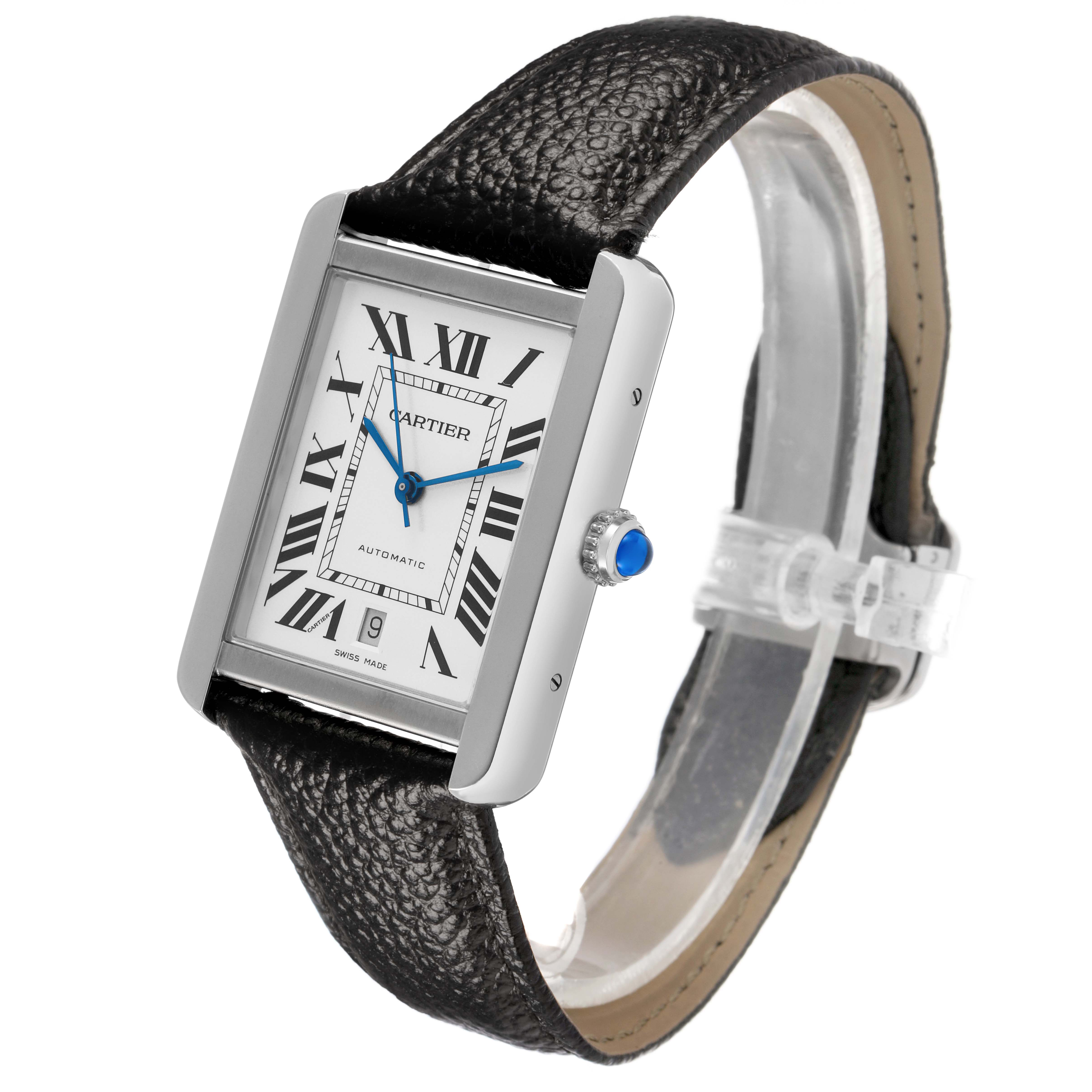 The Cartier Tank Solo W5200027 Men's Stainless Steel Silver Dial watch is shown at an angled view, highlighting its rectangular face, Roman numerals, and leather strap.