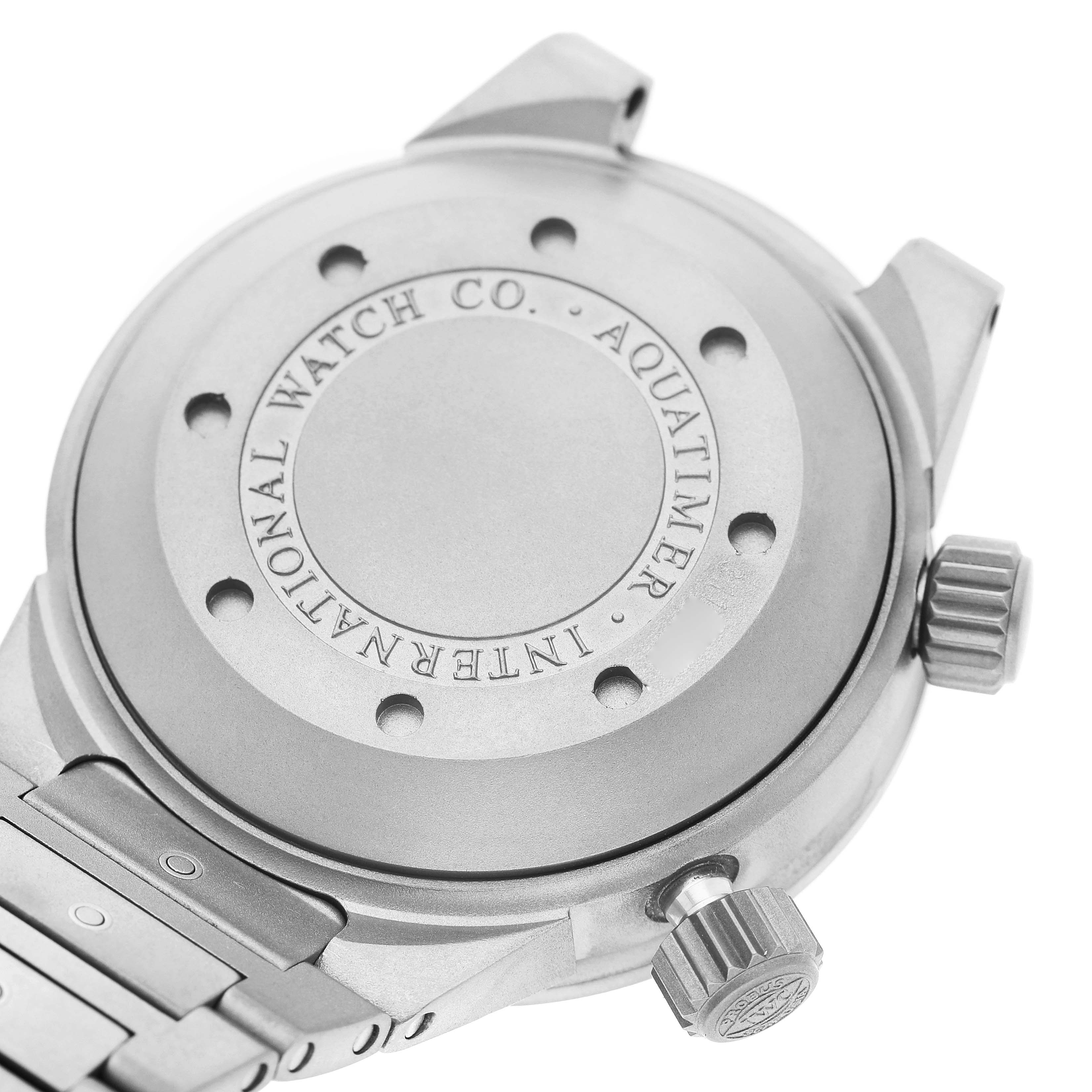 The image shows the back case and crown of the IWC Aquatimer IW353803 Men's Titanium Black Dial watch, with brand engraving visible.