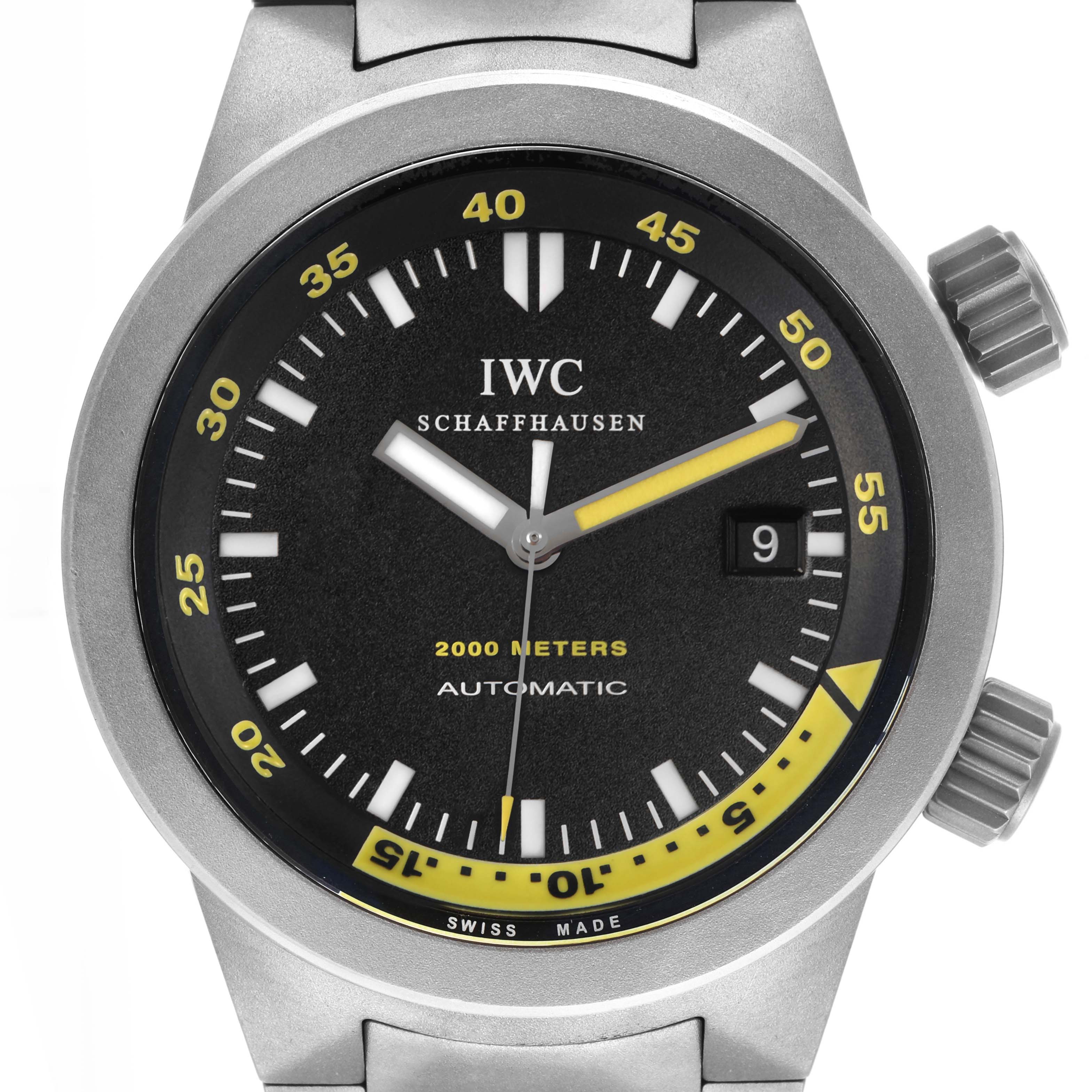 The IWC Aquatimer IW353803 Men's Titanium Black Dial watch is shown from the front, highlighting the dial, bezel, and crown.