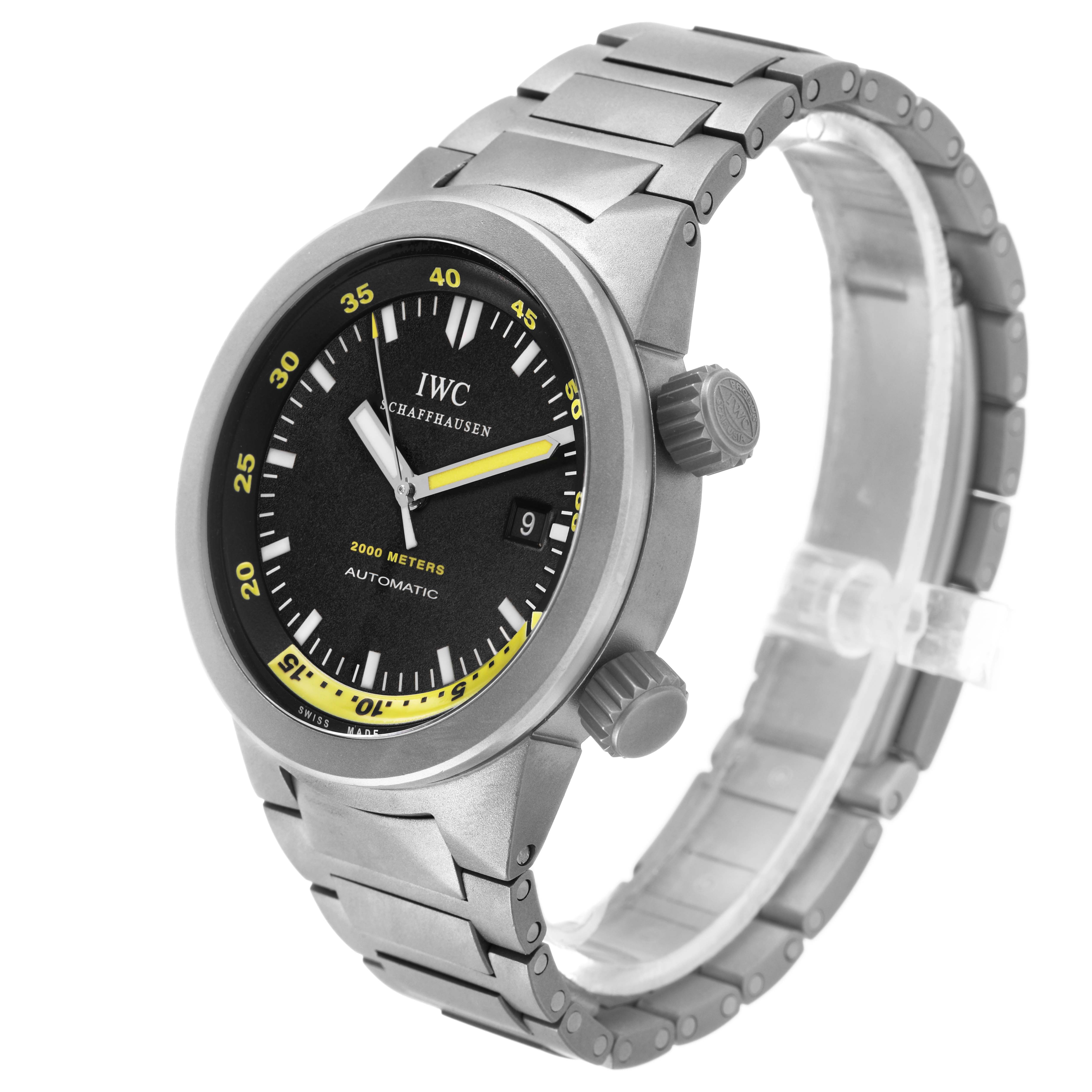 The IWC Aquatimer IW353803 Men's Titanium Black Dial watch is shown at a three-quarter angle, highlighting the face, bezel, and metal bracelet.