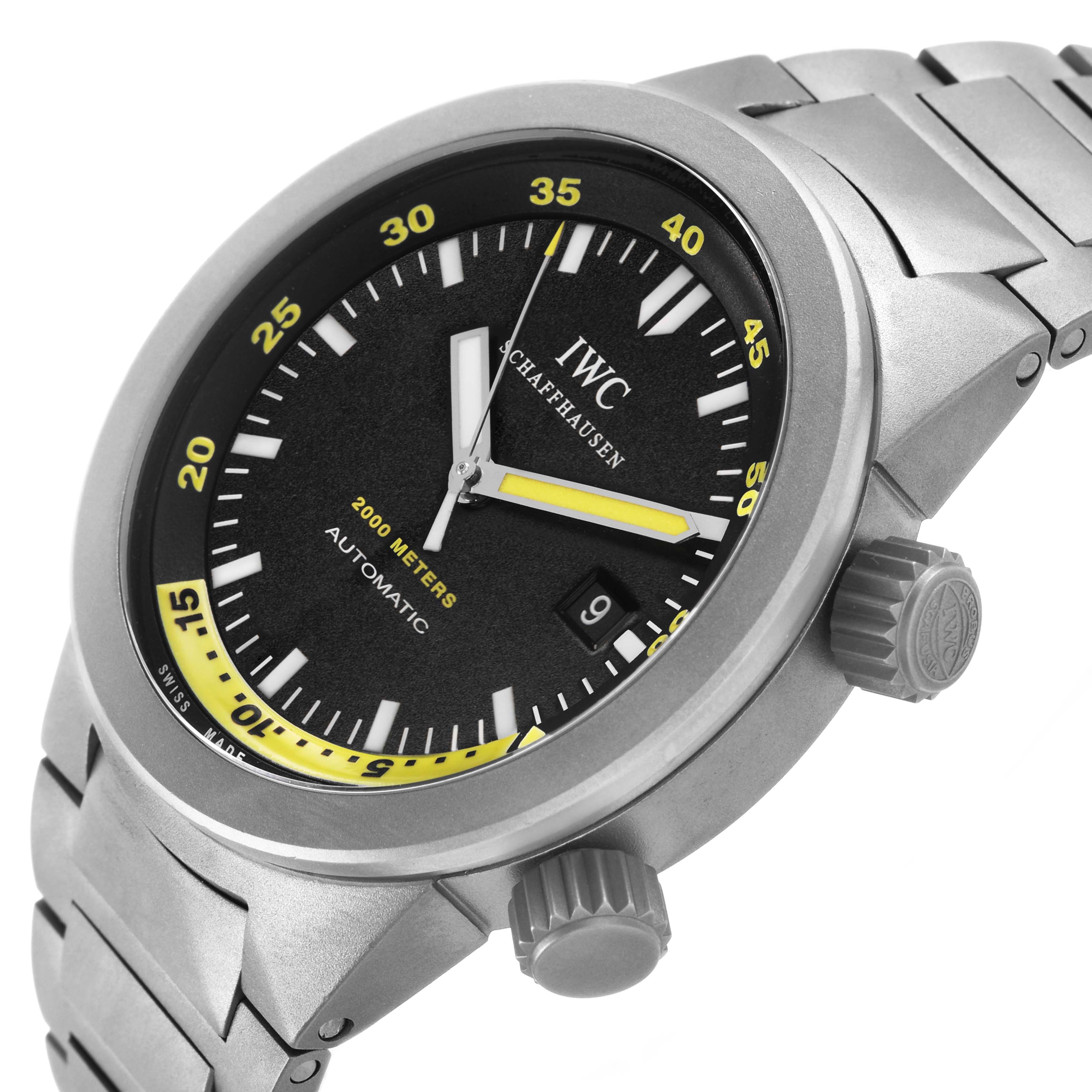 The IWC Aquatimer IW353803 Men's Titanium Black Dial watch is shown at a three-quarter angle, highlighting the dial, bezel, crown, and metal bracelet.