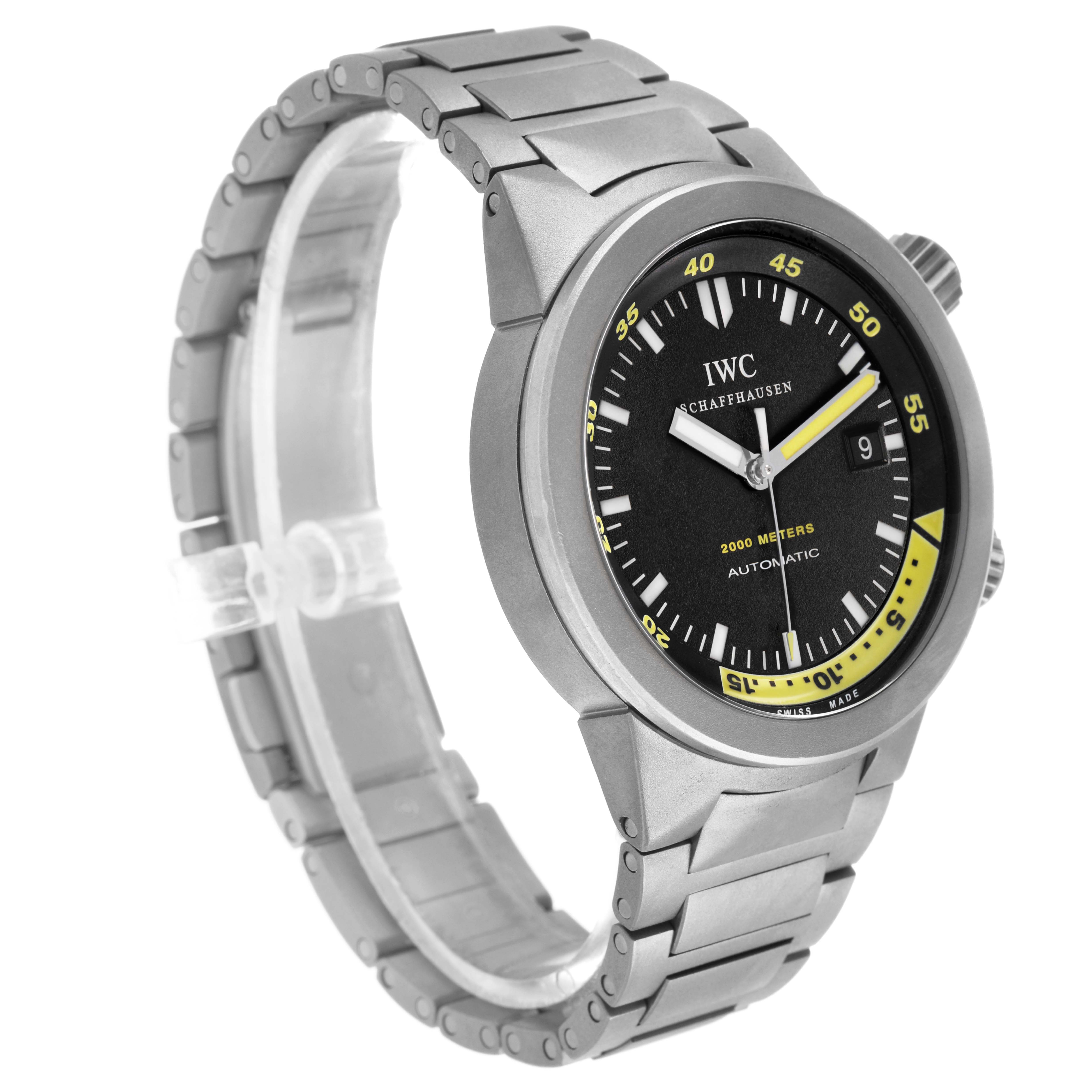 The IWC Aquatimer IW353803 Men's Titanium Black Dial watch is shown from a three-quarter angle, displaying the face, bezel, crown, and metal bracelet.