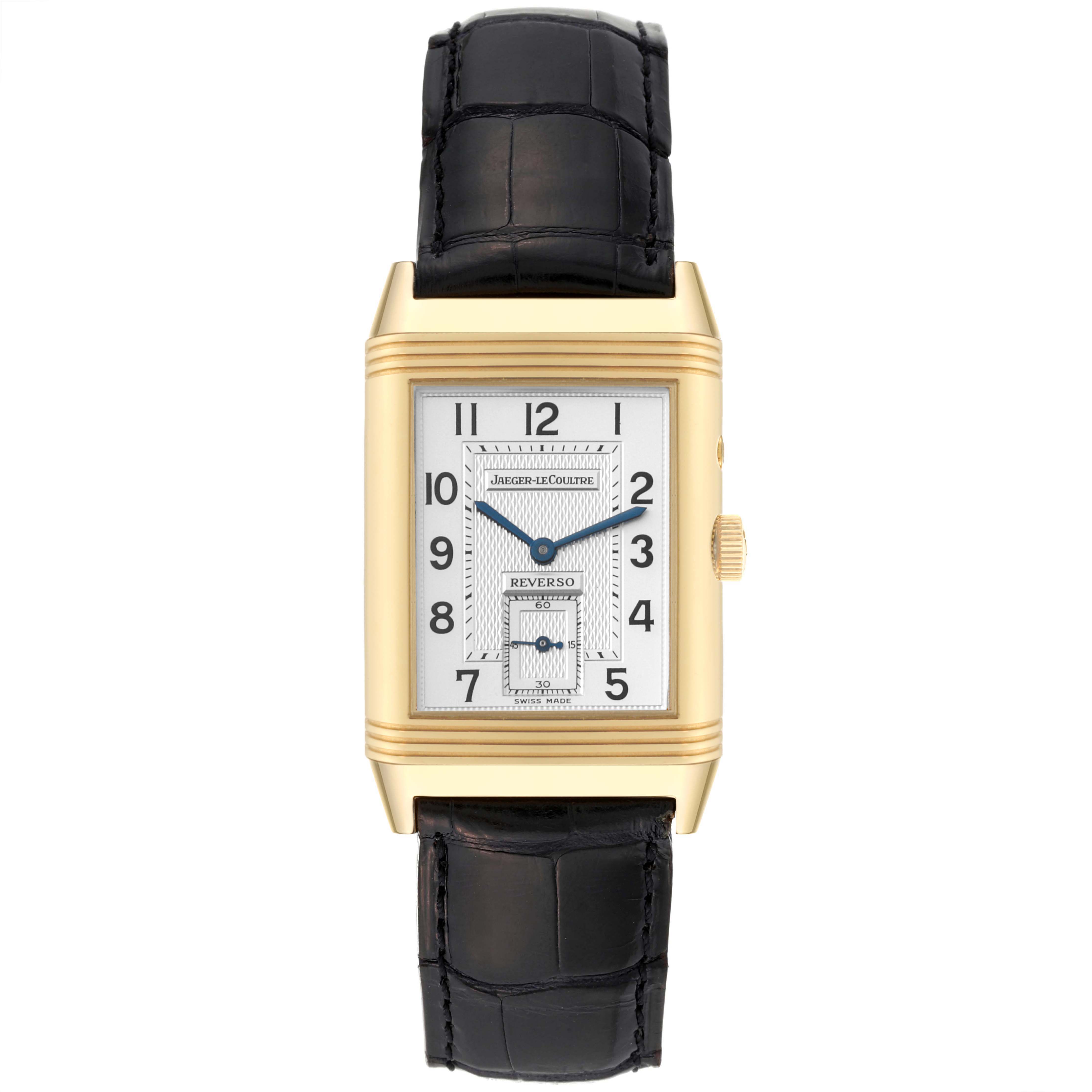 This is a front view of a Jaeger LeCoultre Reverso 270.1.54 Men's Yellow Gold Red Dial 270.1.54 Men's Yellow Gold Red Dial watch, showing the dial, case, crown, and leather strap.