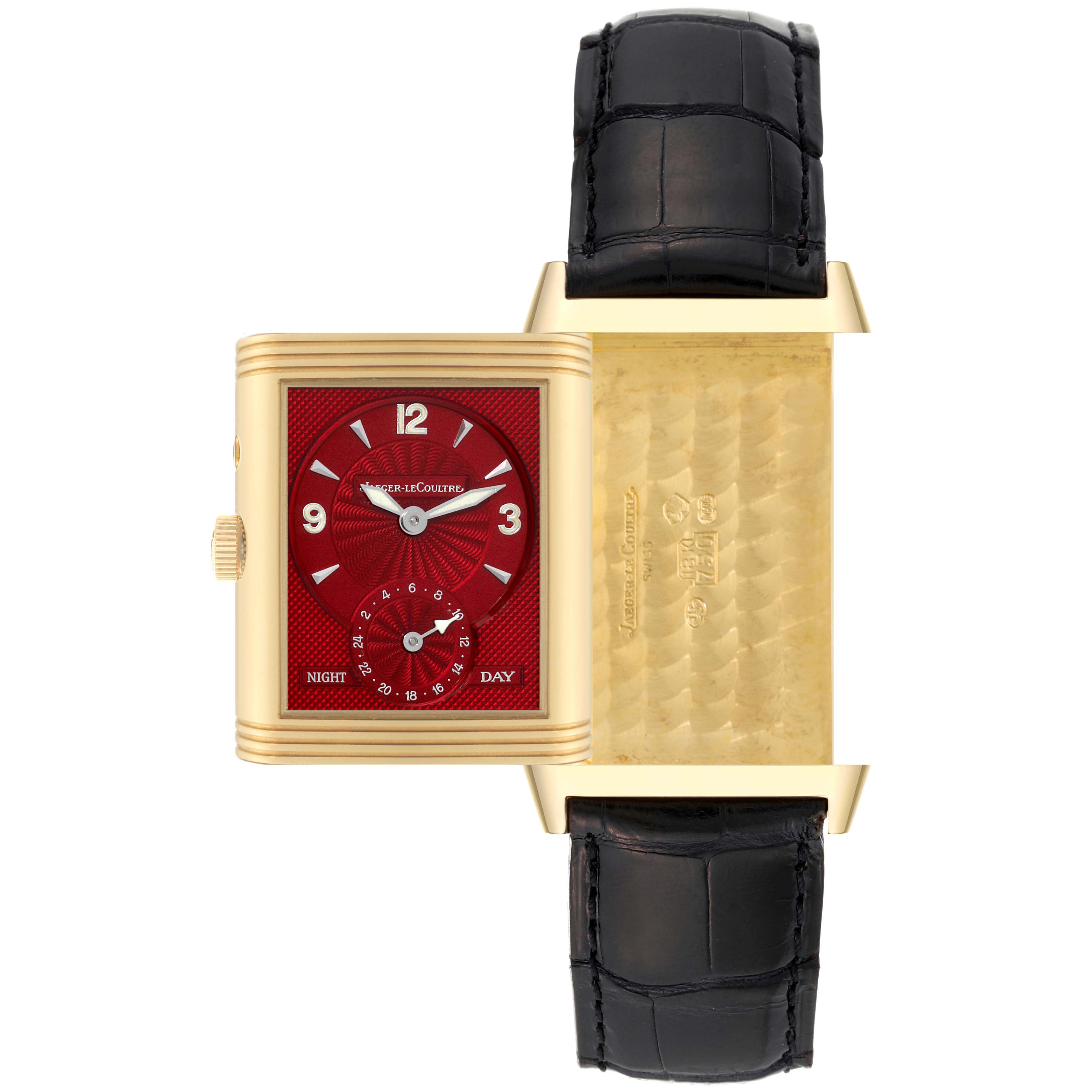The image shows a Jaeger LeCoultre Reverso 270.1.54 Men's Yellow Gold Red Dial 270.1.54 Men's Yellow Gold Red Dial watch with its gold case flipped to display the red dial and a black leather strap.