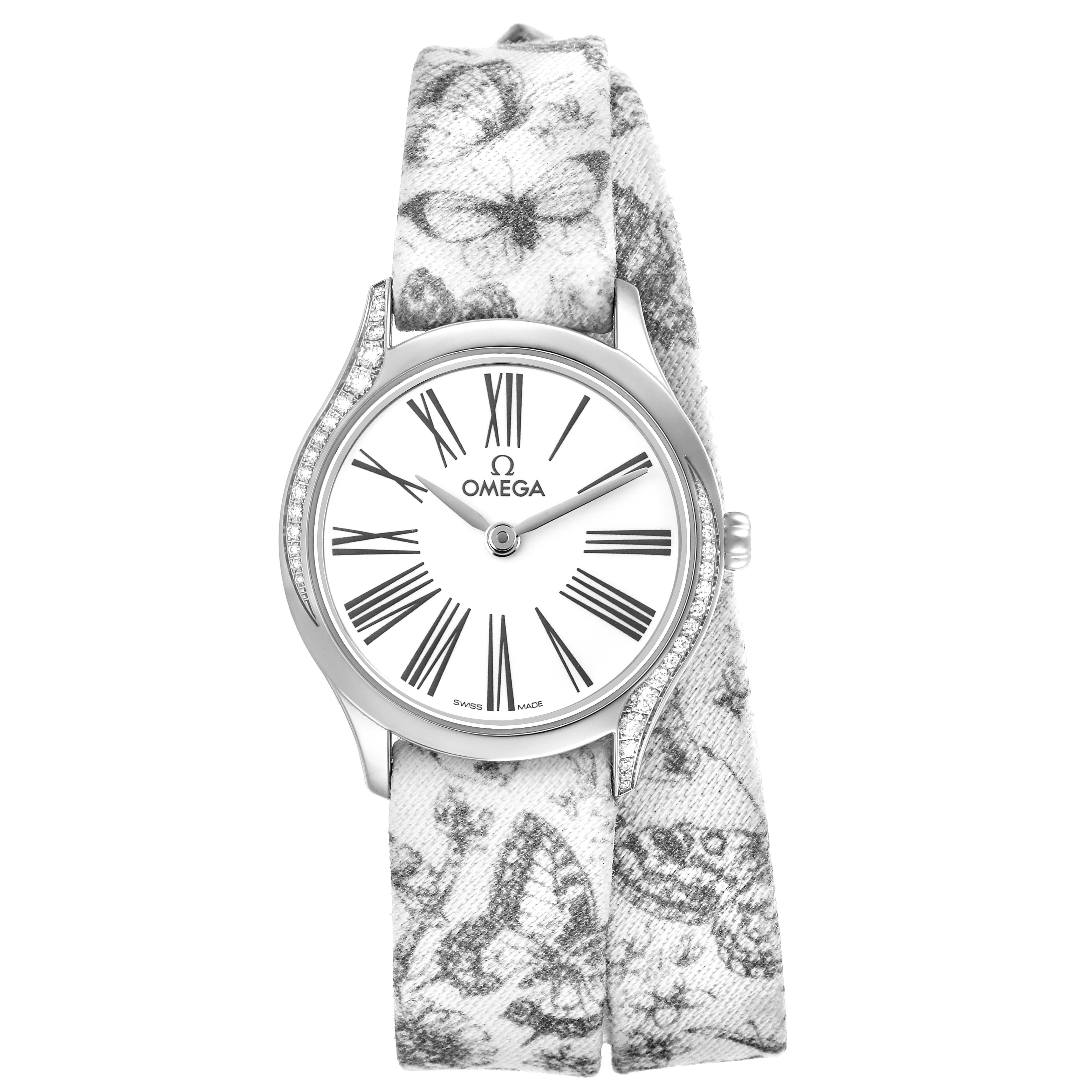 The Omega 428.17.26.60.04.002 Women's Stainless Steel White Dial DeVille Tresor Mini Butterfly Strap Steel Diamond Ladies Watch shows a front view featuring its face and butterfly-patterned strap.