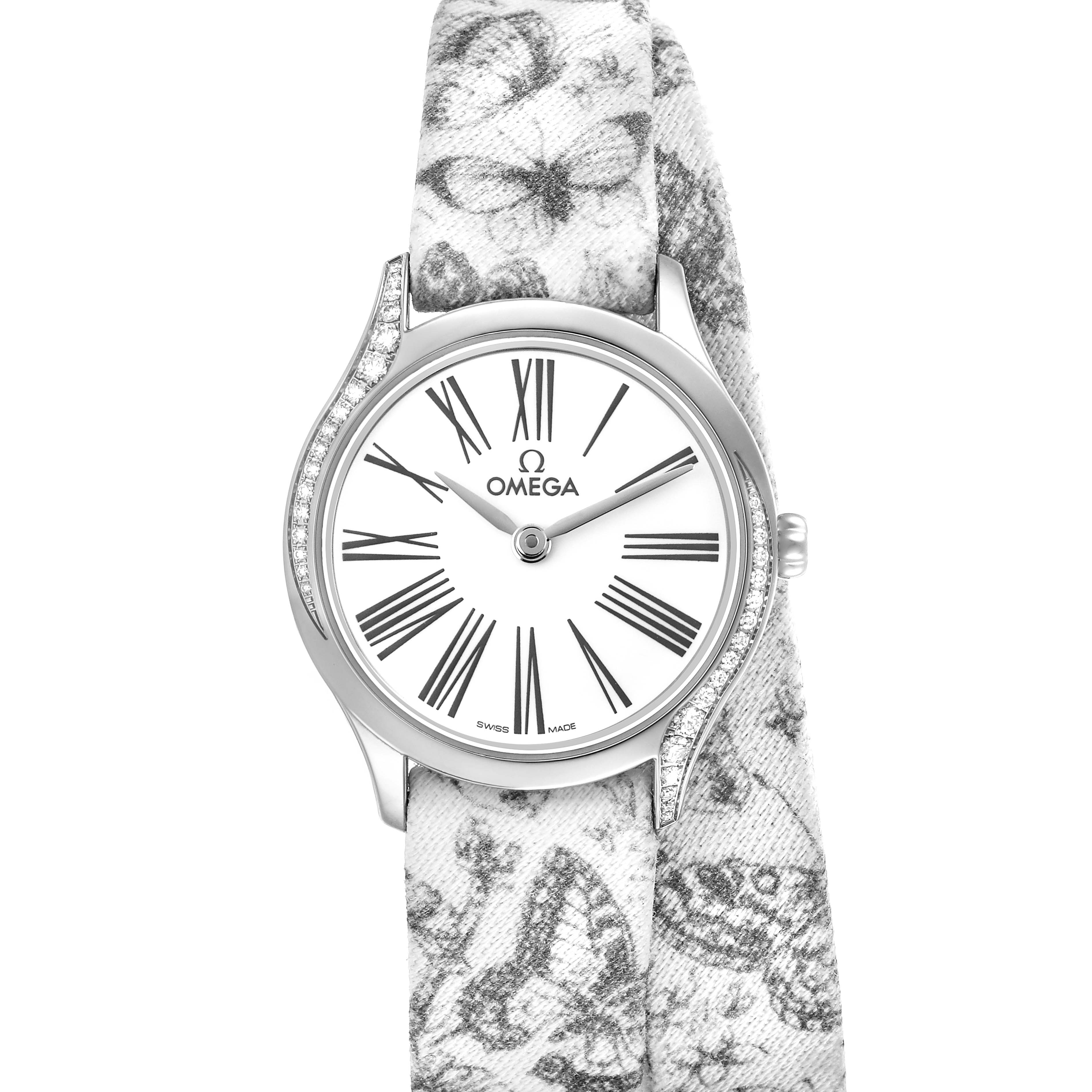 The Omega 428.17.26.60.04.002 Women's Stainless Steel White Dial DeVille Tresor Mini Butterfly Strap Steel Diamond Ladies Watch is shown from the front, highlighting its face and patterned strap.