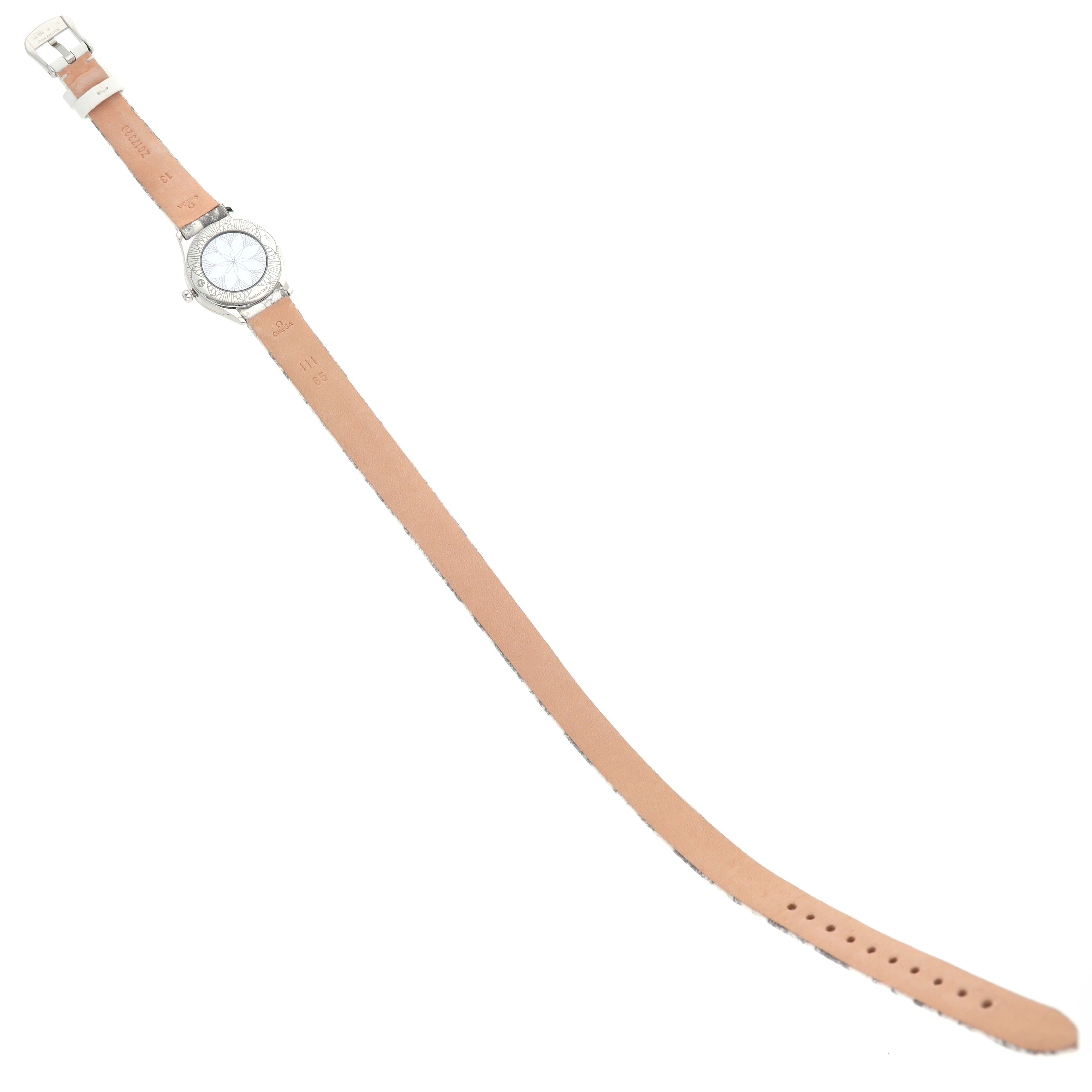 The Omega 428.17.26.60.04.002 Women's Stainless Steel White Dial DeVille Tresor Mini Ladies Watch is shown from the back, displaying the strap and case with a clear view of the underside.