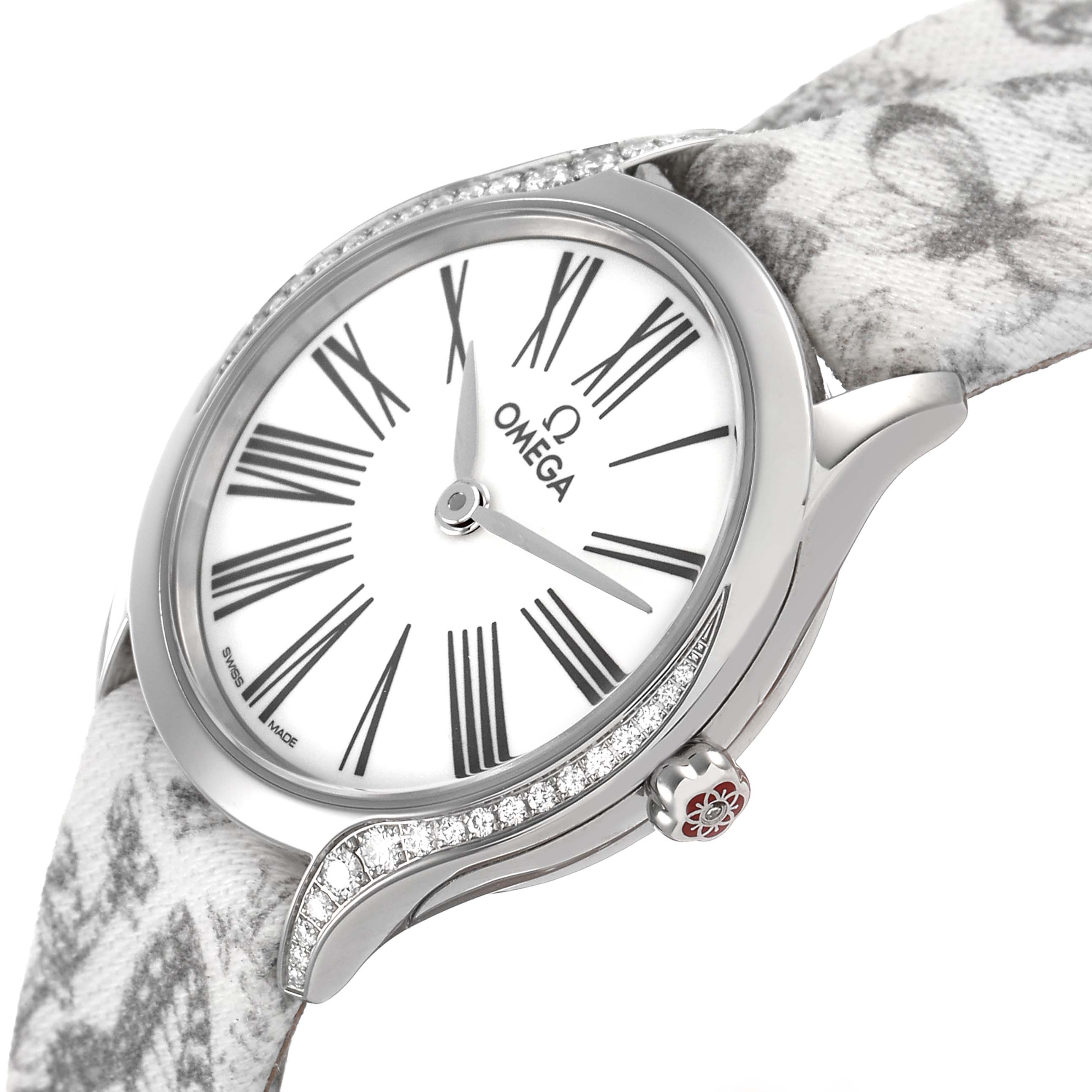 The Omega 428.17.26.60.04.002 Women's Stainless Steel White Dial DeVille Tresor Mini Butterfly features a close-up angle showing the dial, strap, and diamond-studded bezel.