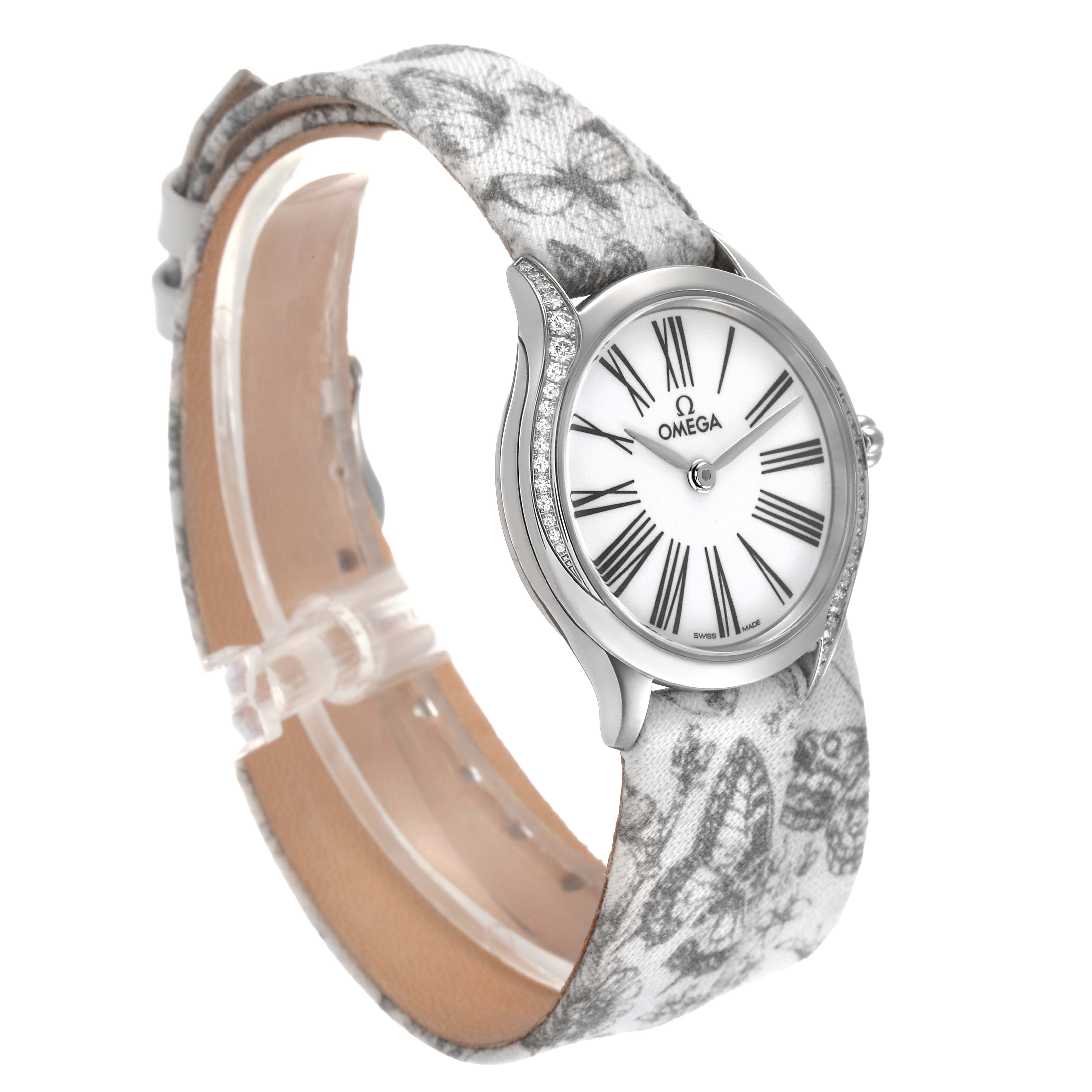 The Omega 428.17.26.60.04.002 Women's Stainless Steel White Dial DeVille Tresor Mini Butterfly Strap Steel Diamond Ladies Watch is shown at a side angle, highlighting its strap and diamond accents.