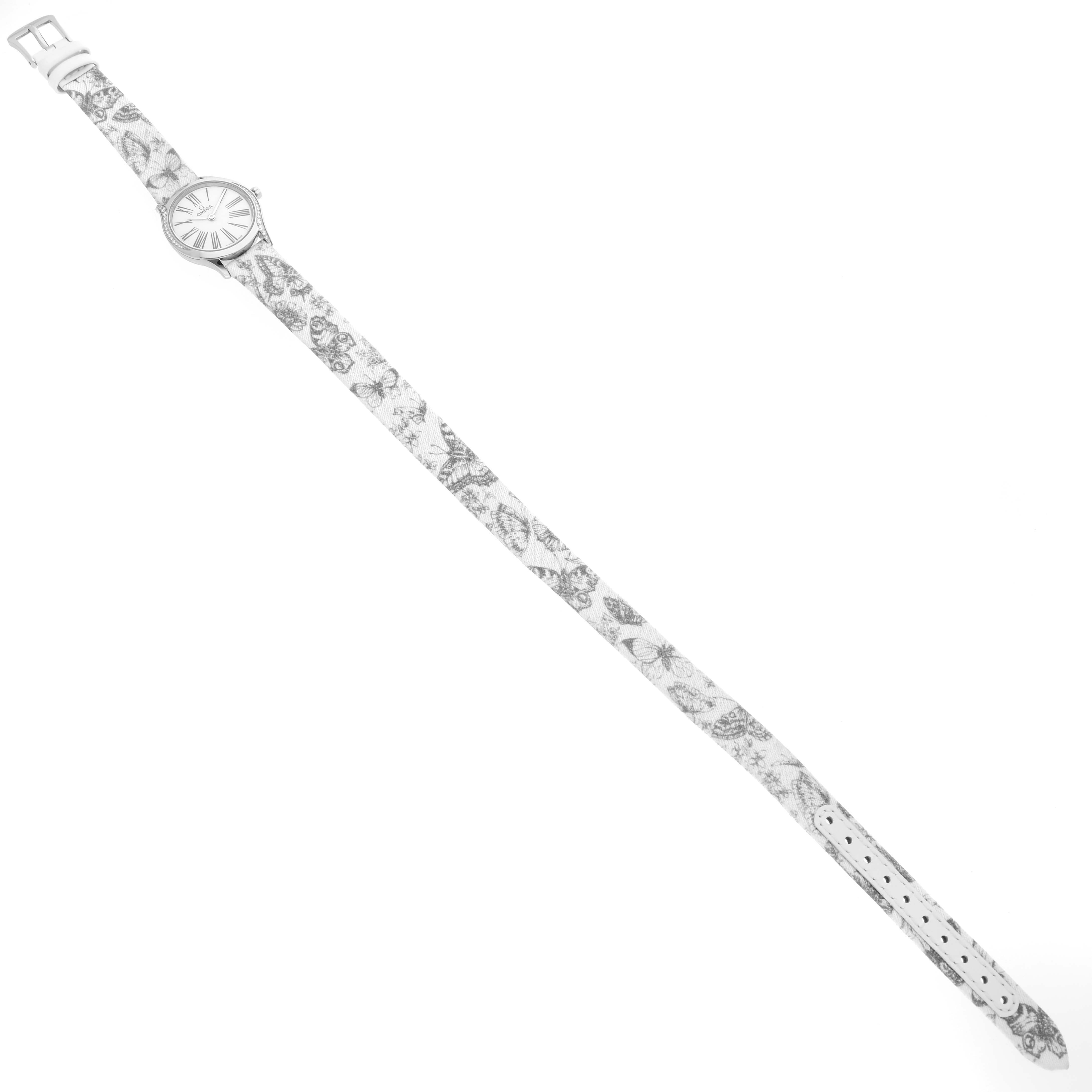 The Omega 428.17.26.60.04.002 Women's Stainless Steel White Dial DeVille Tresor Mini Butterfly Strap Steel Diamond Ladies Watch is shown from a top view, displaying the entire strap and case.