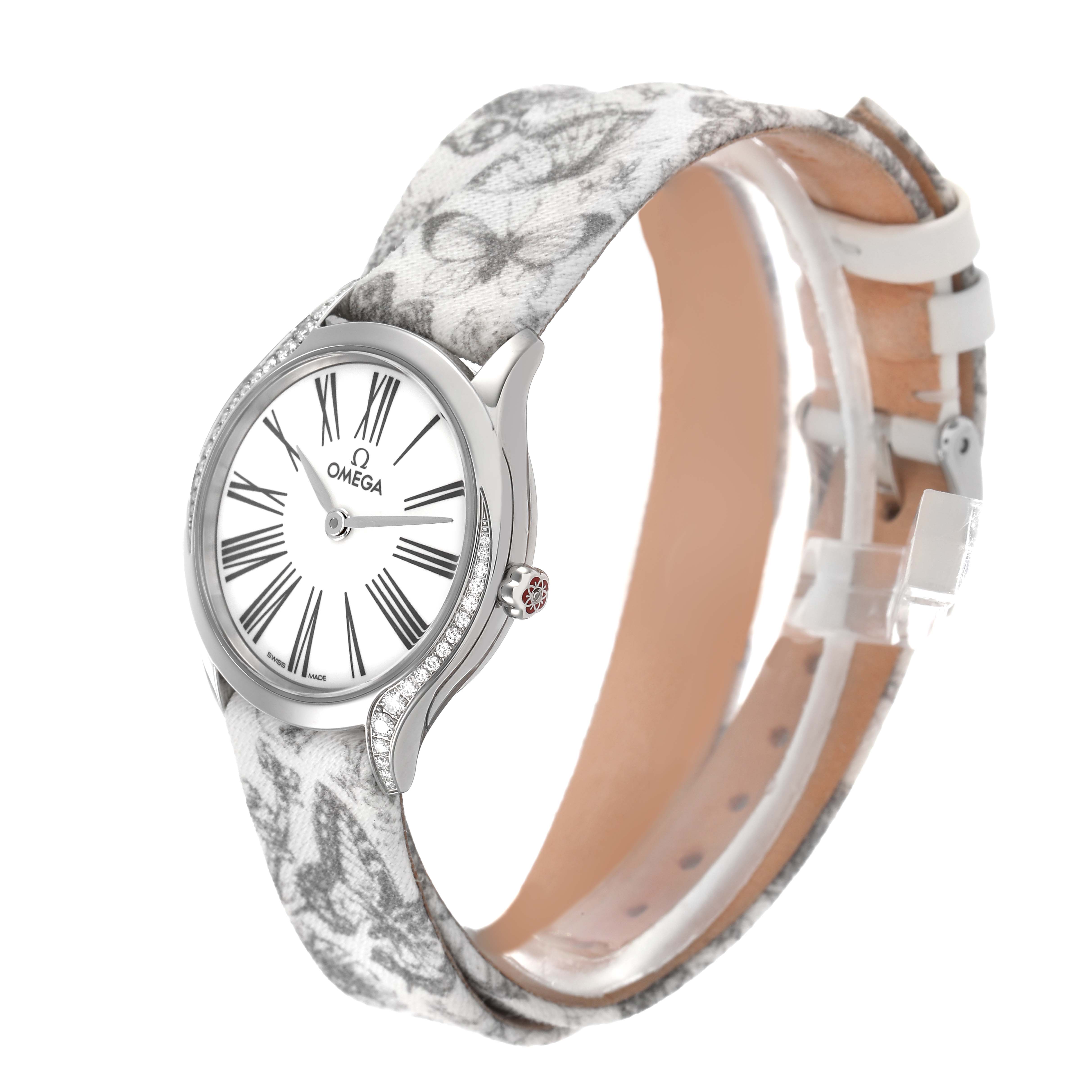 The Omega 428.17.26.60.04.002 Women's Stainless Steel White Dial DeVille Tresor Mini Butterfly Strap Steel Diamond Ladies Watch is shown from a side angle, highlighting the strap and diamond bezel.