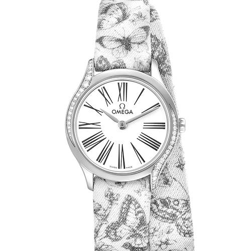 The Omega 428.17.26.60.04.002 Women's Stainless Steel White Dial DeVille Tresor Mini is shown from the front, highlighting its butterfly-patterned strap and diamond-accented bezel.