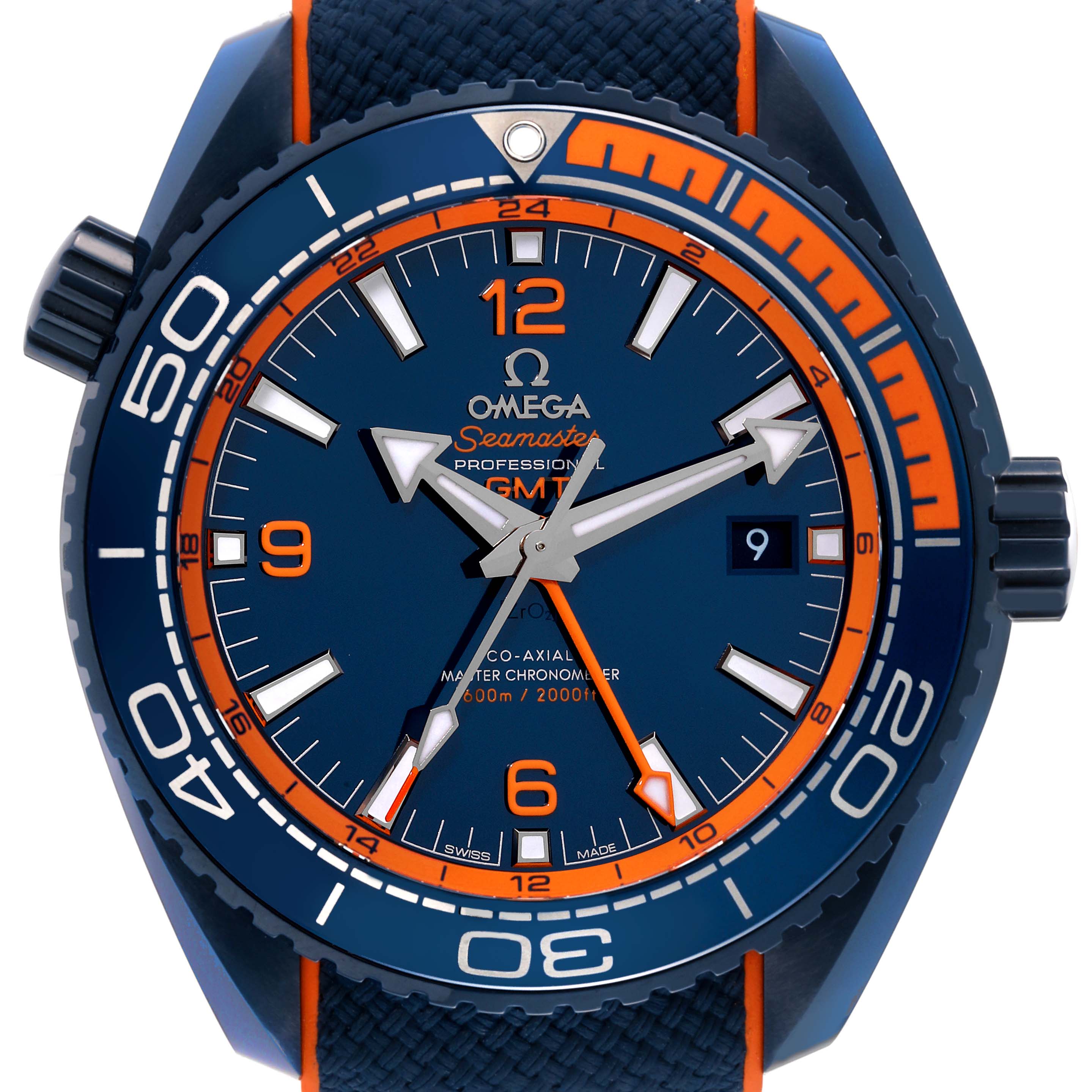 This is a front view of an Omega Planet Ocean 215.92.46.22.03.001 Men's Ceramic Blue Dial 215.92.46.22.03.001 Men's Ceramic Blue Dial Seamaster watch, showing the face, bezel, and part of the strap.