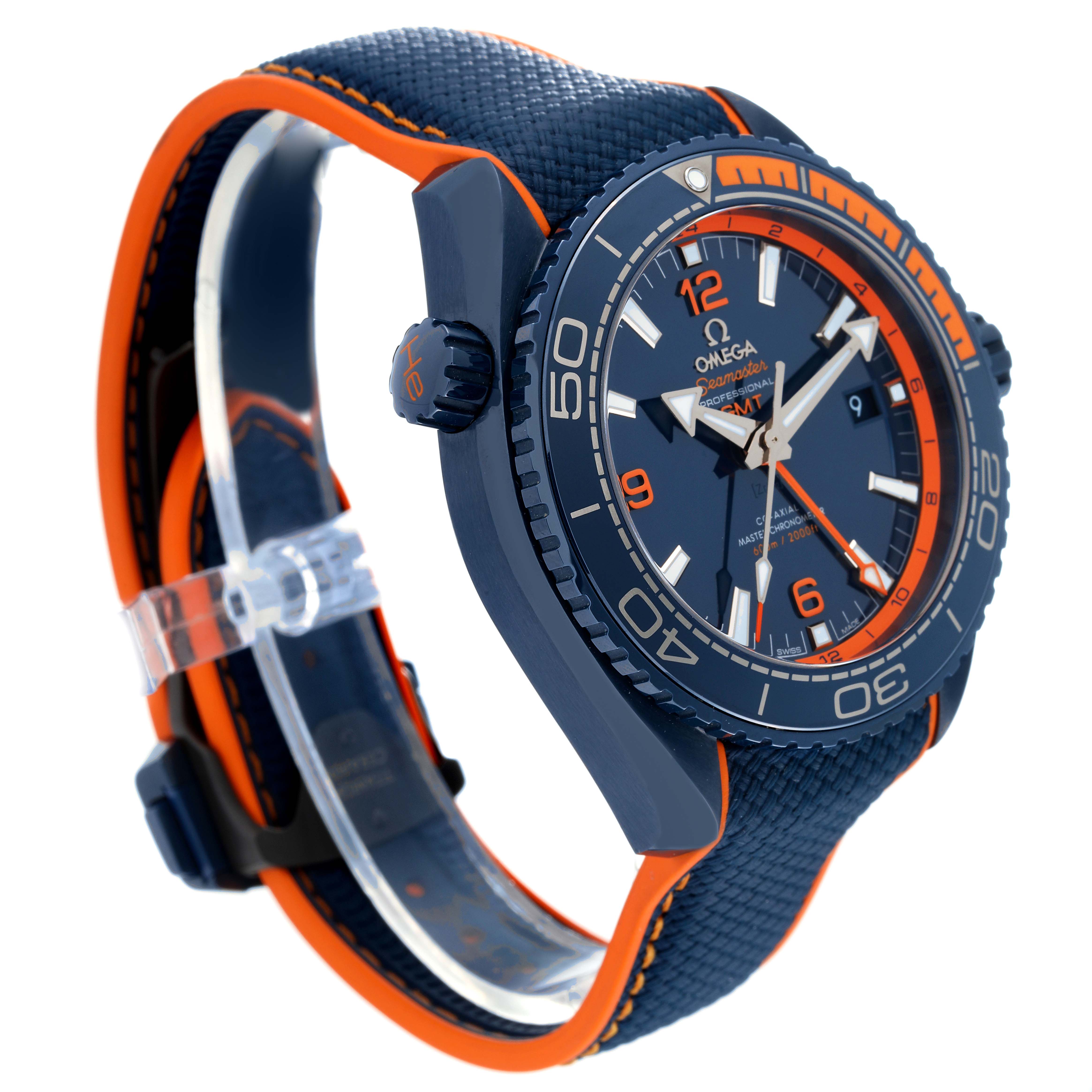 This image shows an angled side view of an Omega Planet Ocean 215.92.46.22.03.001 Men's Ceramic Blue Dial 215.92.46.22.03.001 Men's Ceramic Blue Dial watch, highlighting the face, bezel, and strap.