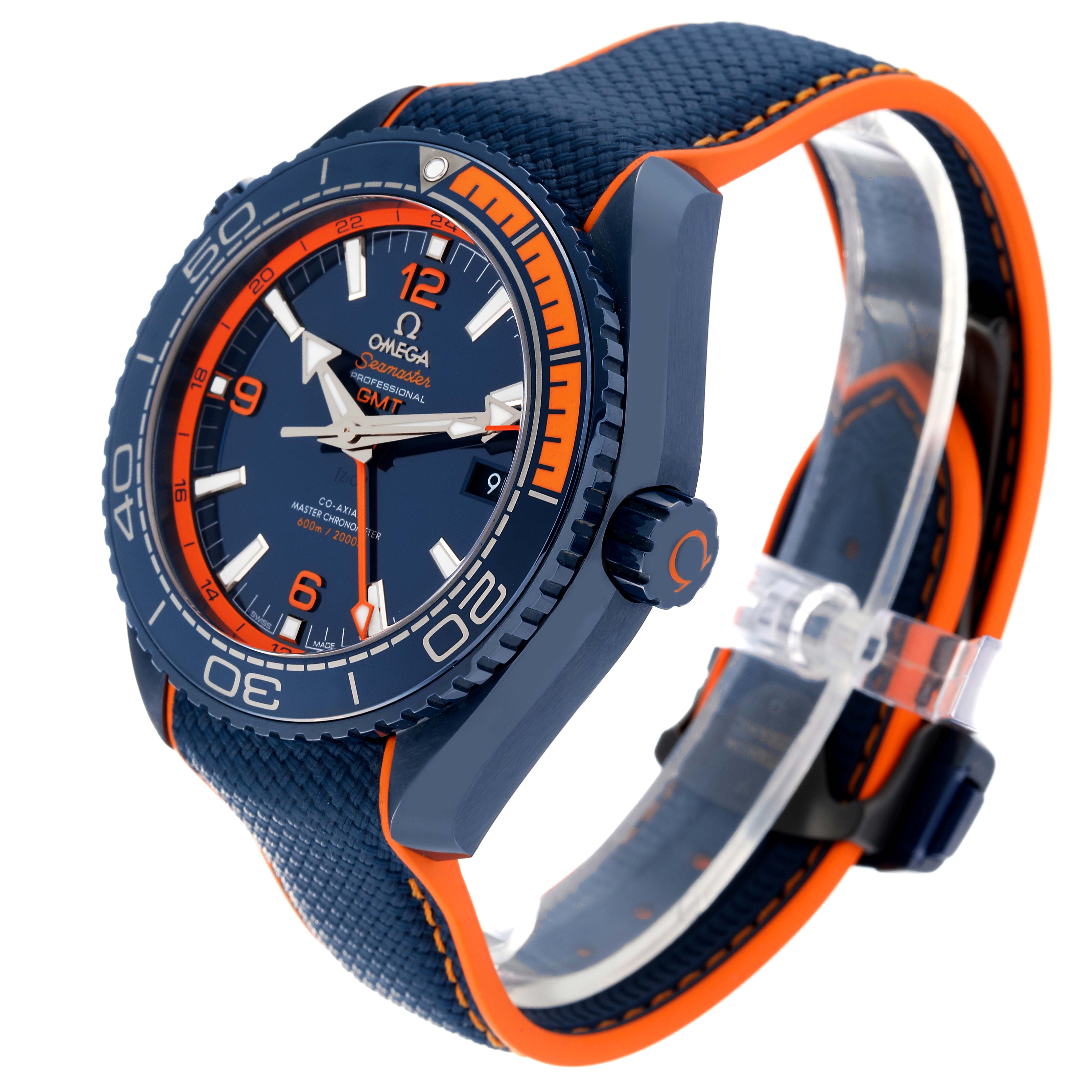 The Omega Planet Ocean 215.92.46.22.03.001 Men's Ceramic Blue Dial 215.92.46.22.03.001 Men's Ceramic Blue Dial watch is shown at an angle displaying its bezel, dial, case, strap, and crown.