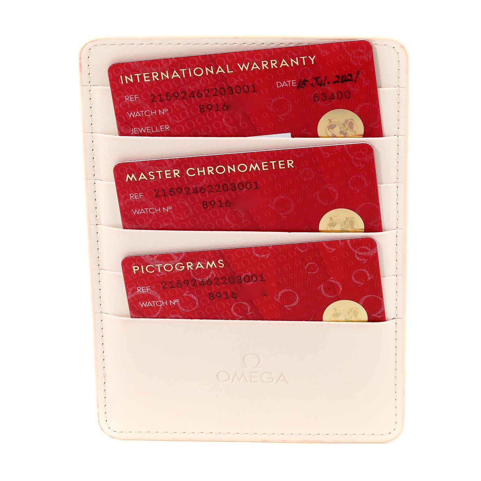 This image shows a cardholder with warranty and certification cards for the Omega Planet Ocean 215.92.46.22.03.001 Men's Ceramic Blue Dial 215.92.46.22.03.001 Men's Ceramic Blue Dial watch model.