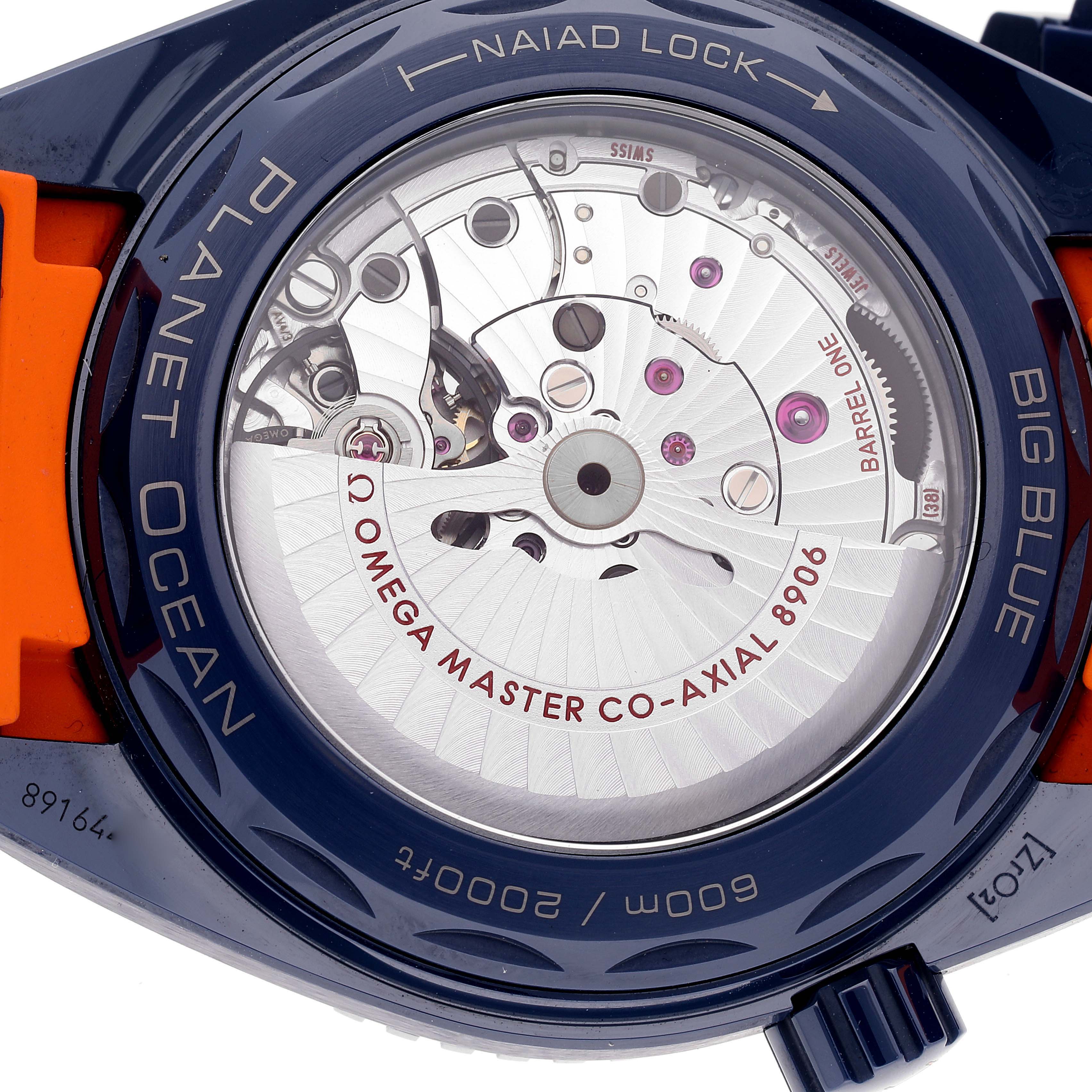 This is the back view of an Omega Planet Ocean 215.92.46.22.03.001 Men's Ceramic Blue Dial 215.92.46.22.03.001 Men's Ceramic Blue Dial watch, showcasing the movement and internal mechanism.