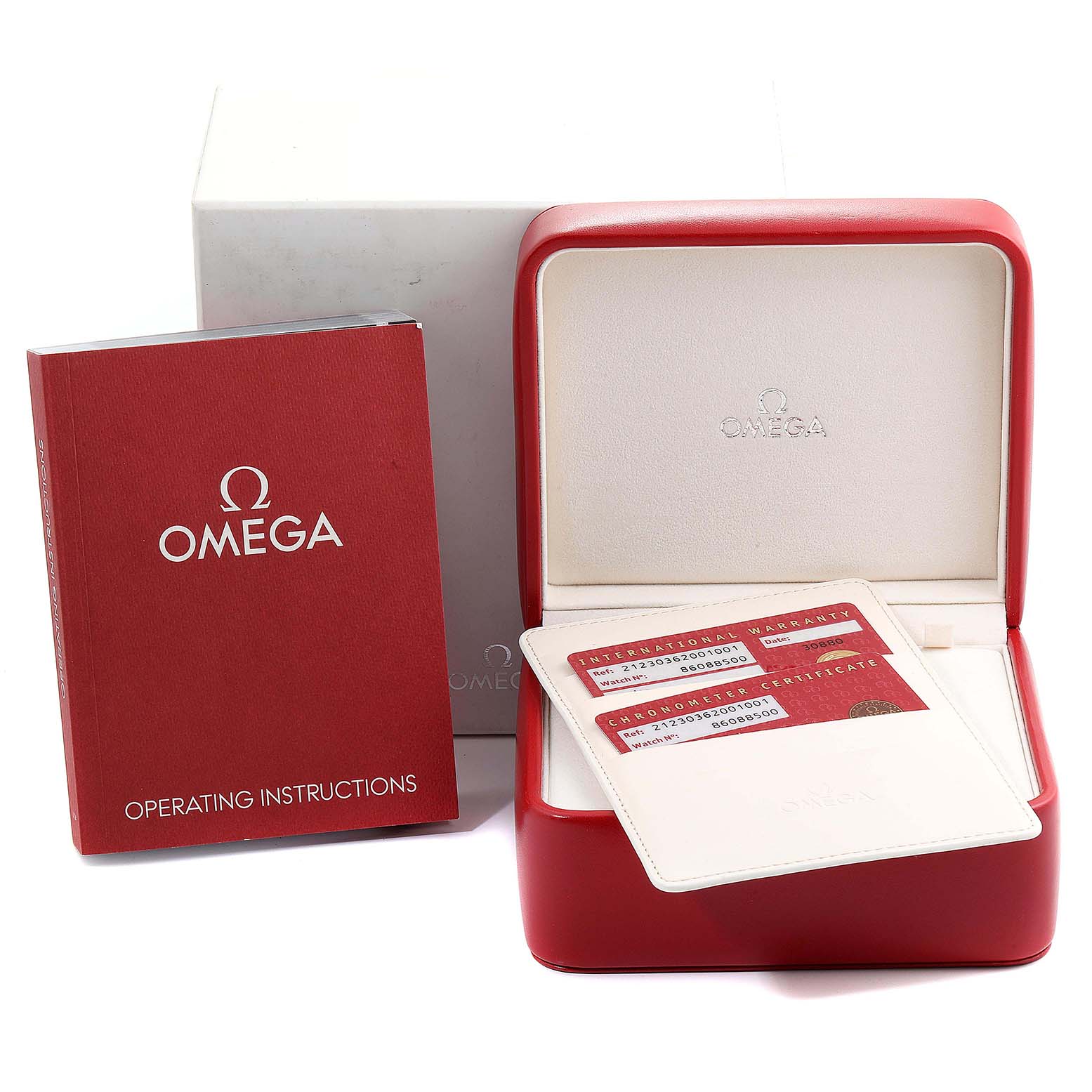 The image shows the Omega Seamaster 212.30.36.20.01.001 Men
s Stainless Steel Black Dial 212.30.36.20.01.001 Men
s Stainless Steel Black Dial watch box, the operating instructions manual, and warranty cards.