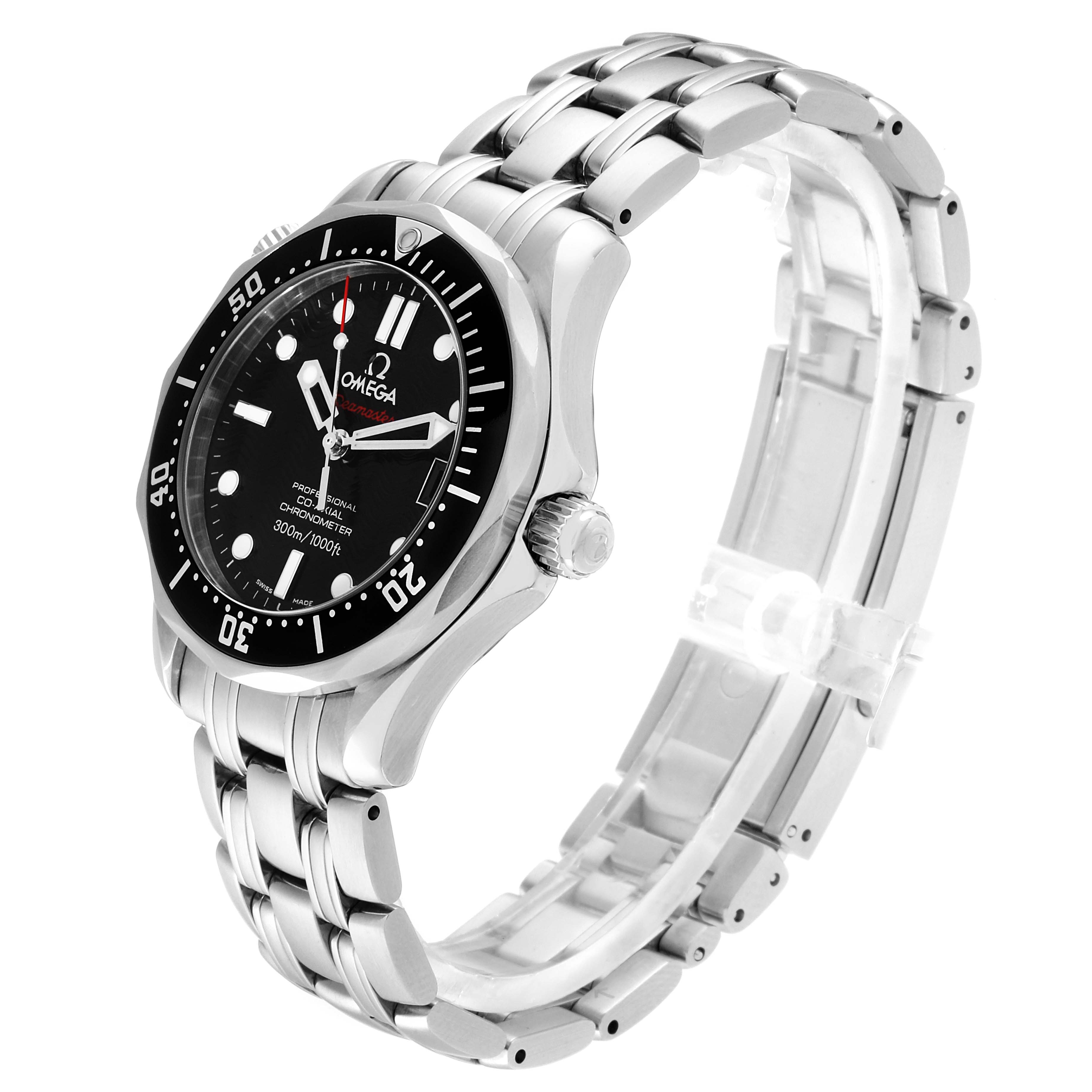 The Omega Seamaster 212.30.36.20.01.001 Men
s Stainless Steel Black Dial 212.30.36.20.01.001 Men
s Stainless Steel Black Dial watch is shown at a slight angle, highlighting the face, bezel, crown, and stainless steel bracelet.