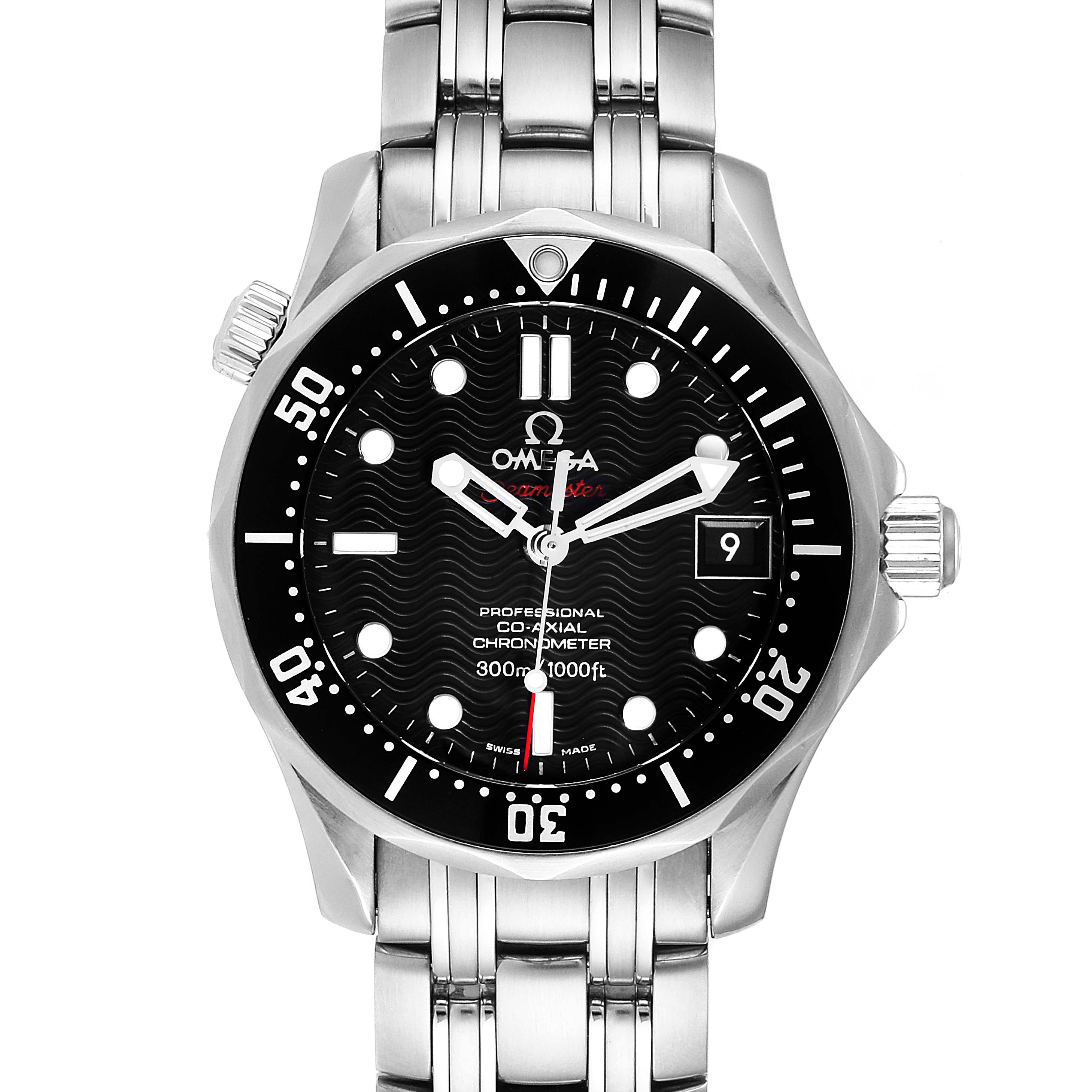 This image shows a front view of an Omega Seamaster 212.30.36.20.01.001 Men
s Stainless Steel Black Dial 212.30.36.20.01.001 Men
s Stainless Steel Black Dial watch, highlighting its stainless steel band, bezel, and black dial with a date display.