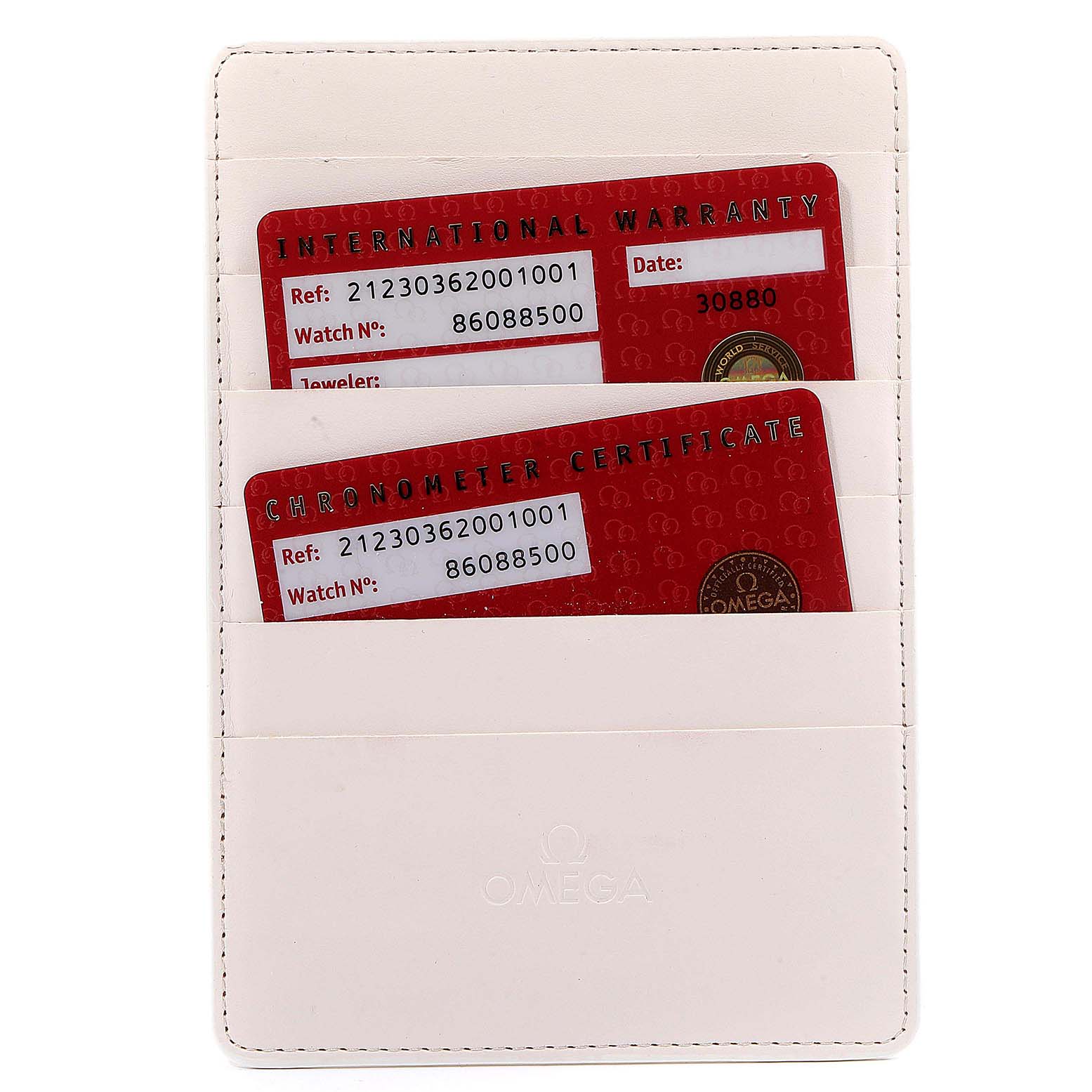 The image shows an Omega Seamaster 212.30.36.20.01.001 Men
s Stainless Steel Black Dial 212.30.36.20.01.001 Men
s Stainless Steel Black Dial
s warranty and chronometer certificate cards in a white Omega cardholder.