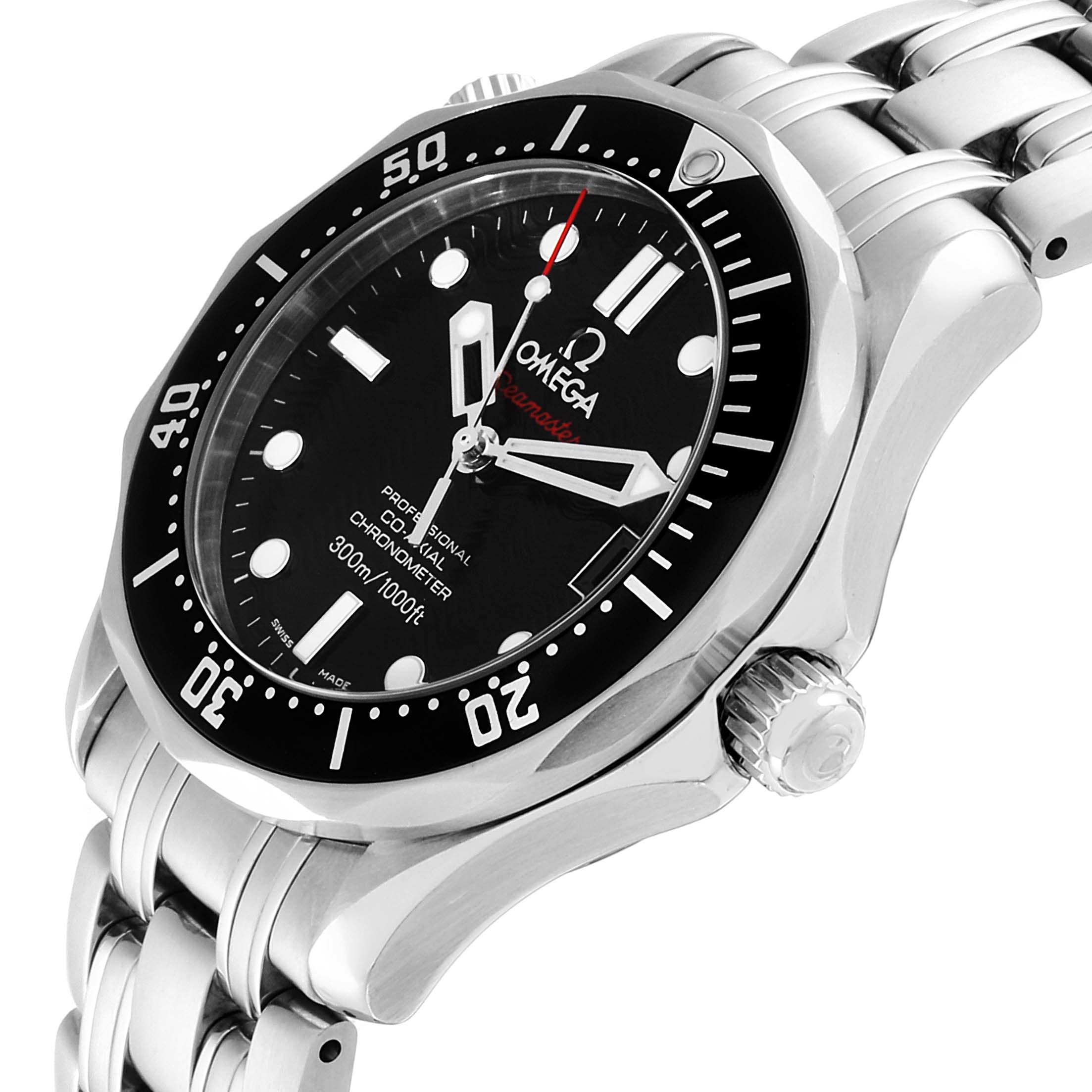 The image shows the Omega Seamaster 212.30.36.20.01.001 Men
s Stainless Steel Black Dial 212.30.36.20.01.001 Men
s Stainless Steel Black Dial watch at an angle highlighting its dial, bezel, crown, and part of the stainless steel bracelet.