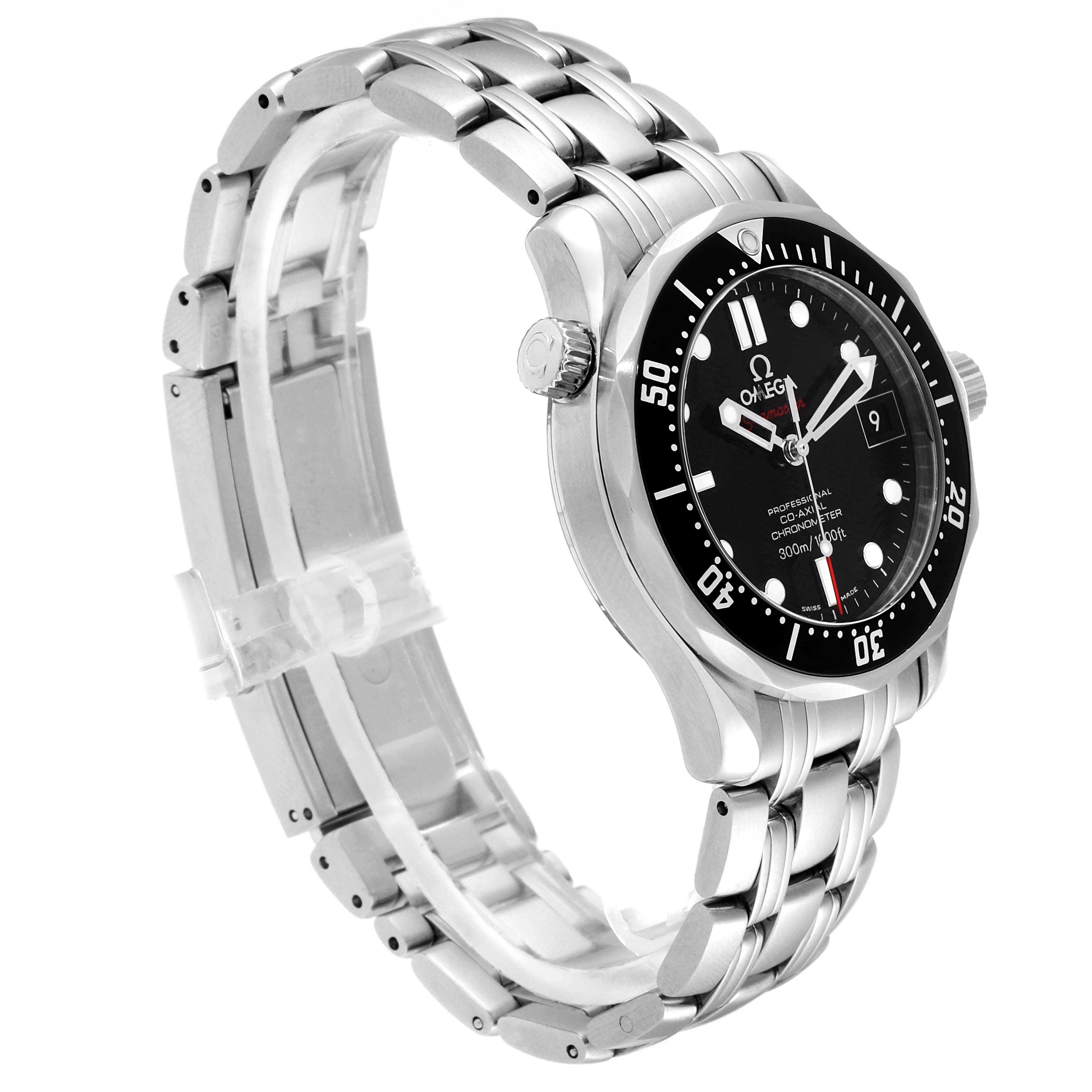The image shows an Omega Seamaster 212.30.36.20.01.001 Men
s Stainless Steel Black Dial 212.30.36.20.01.001 Men
s Stainless Steel Black Dial watch from a front-side angle, highlighting the bracelet and watch face.