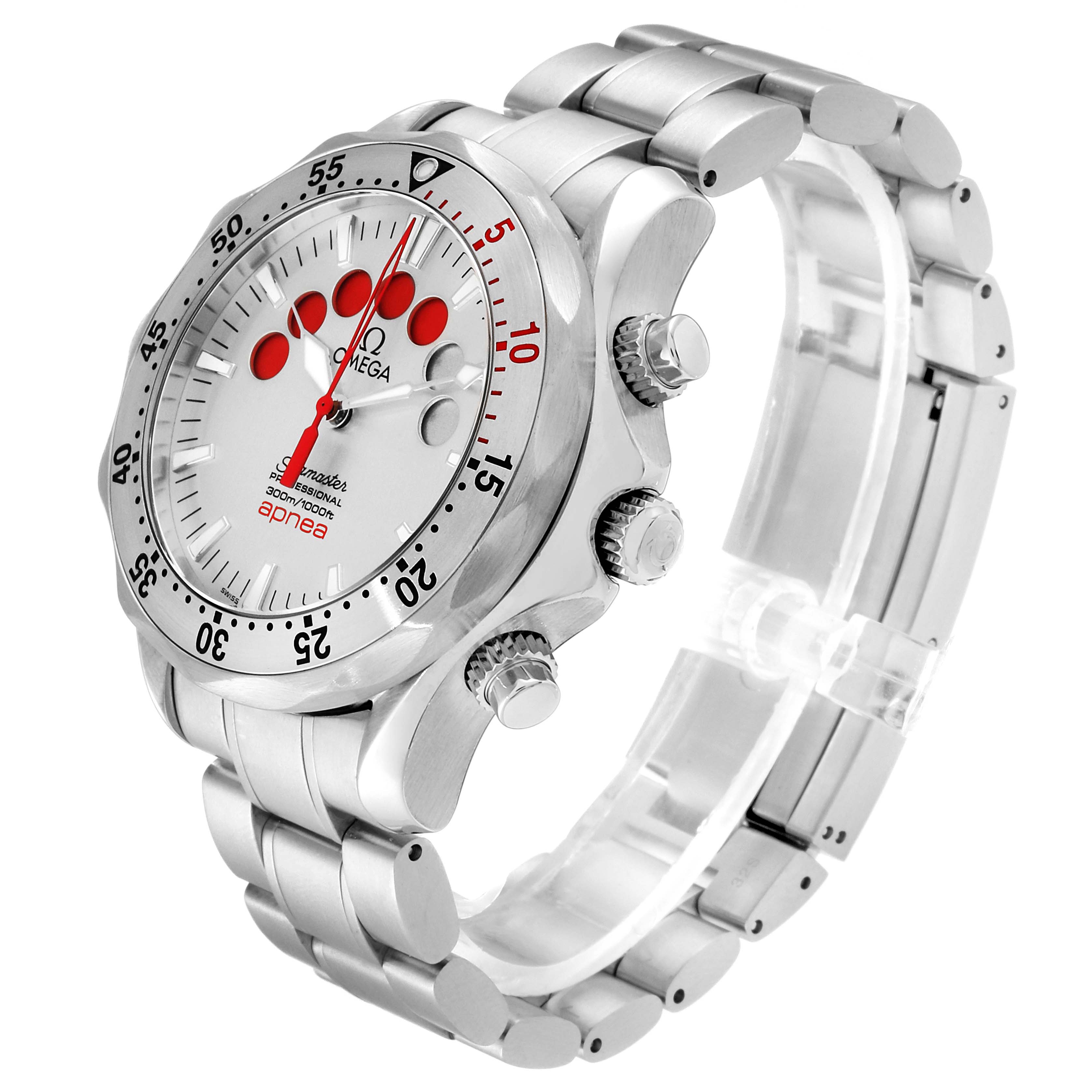 The Omega Seamaster 2595.30.00 Men
s Stainless Steel Silver Dial 2595.30.00 Men
s Stainless Steel Silver Dial watch is shown at a three-quarter angle, displaying the face, bezel, crown, and part of the metal bracelet.