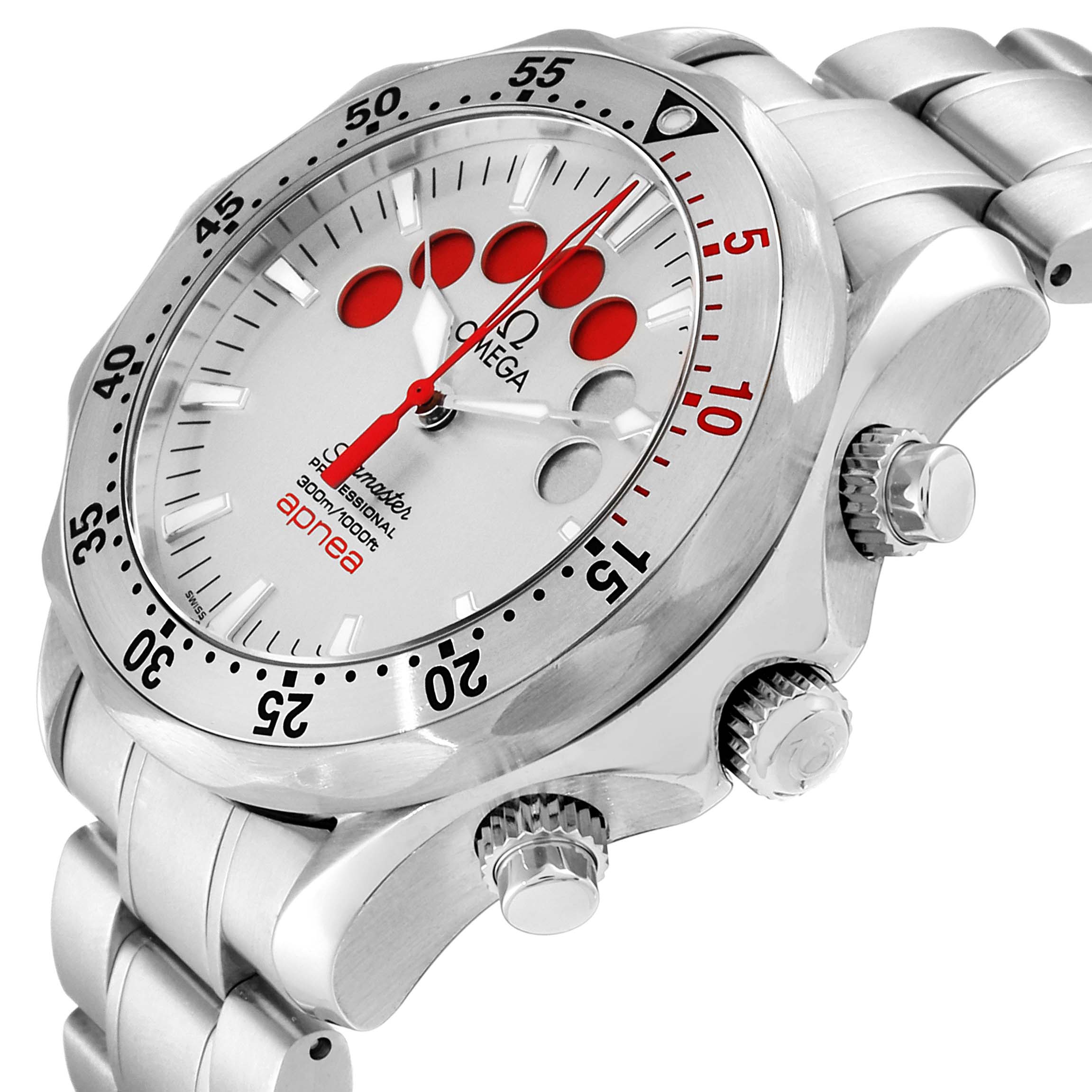 This image shows an angled view of an Omega Seamaster 2595.30.00 Men
s Stainless Steel Silver Dial 2595.30.00 Men
s Stainless Steel Silver Dial watch, highlighting the face, bezel, crown, and bracelet.