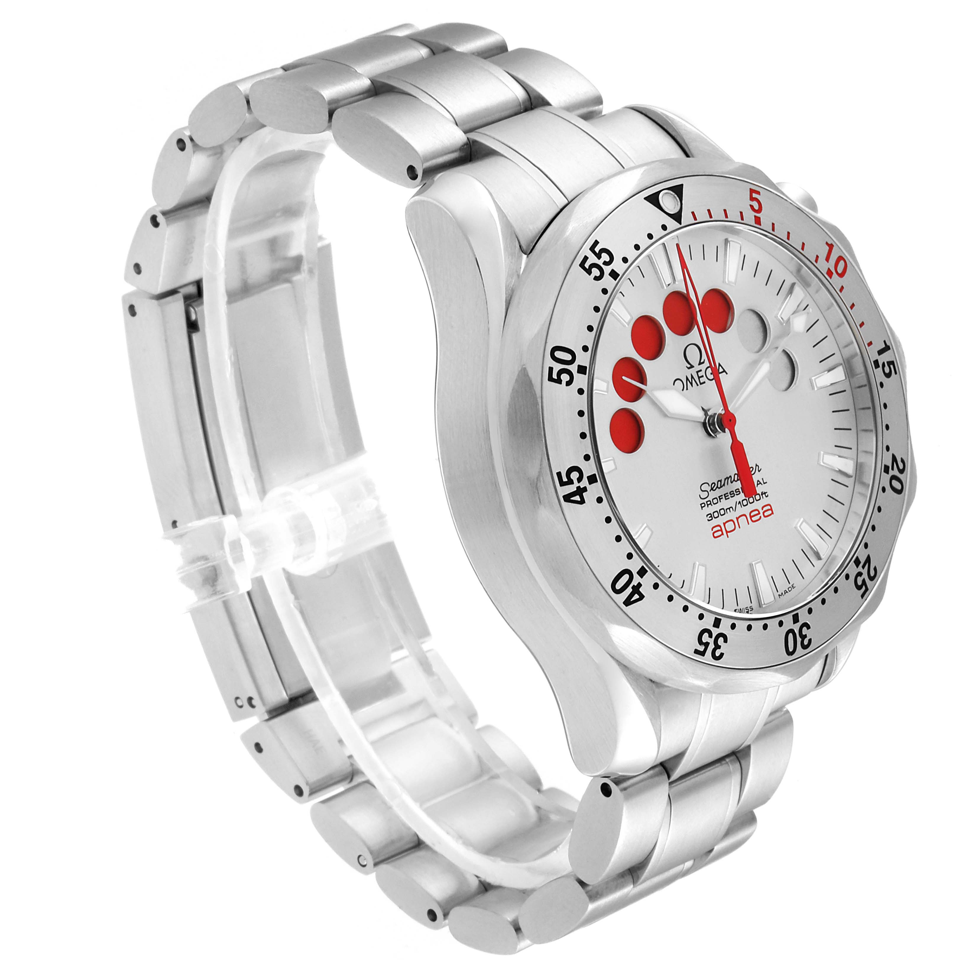 This Omega Seamaster 2595.30.00 Men
s Stainless Steel Silver Dial 2595.30.00 Men
s Stainless Steel Silver Dial model is shown at a three-quarter angle, highlighting the case, bezel, dial, and metal bracelet.