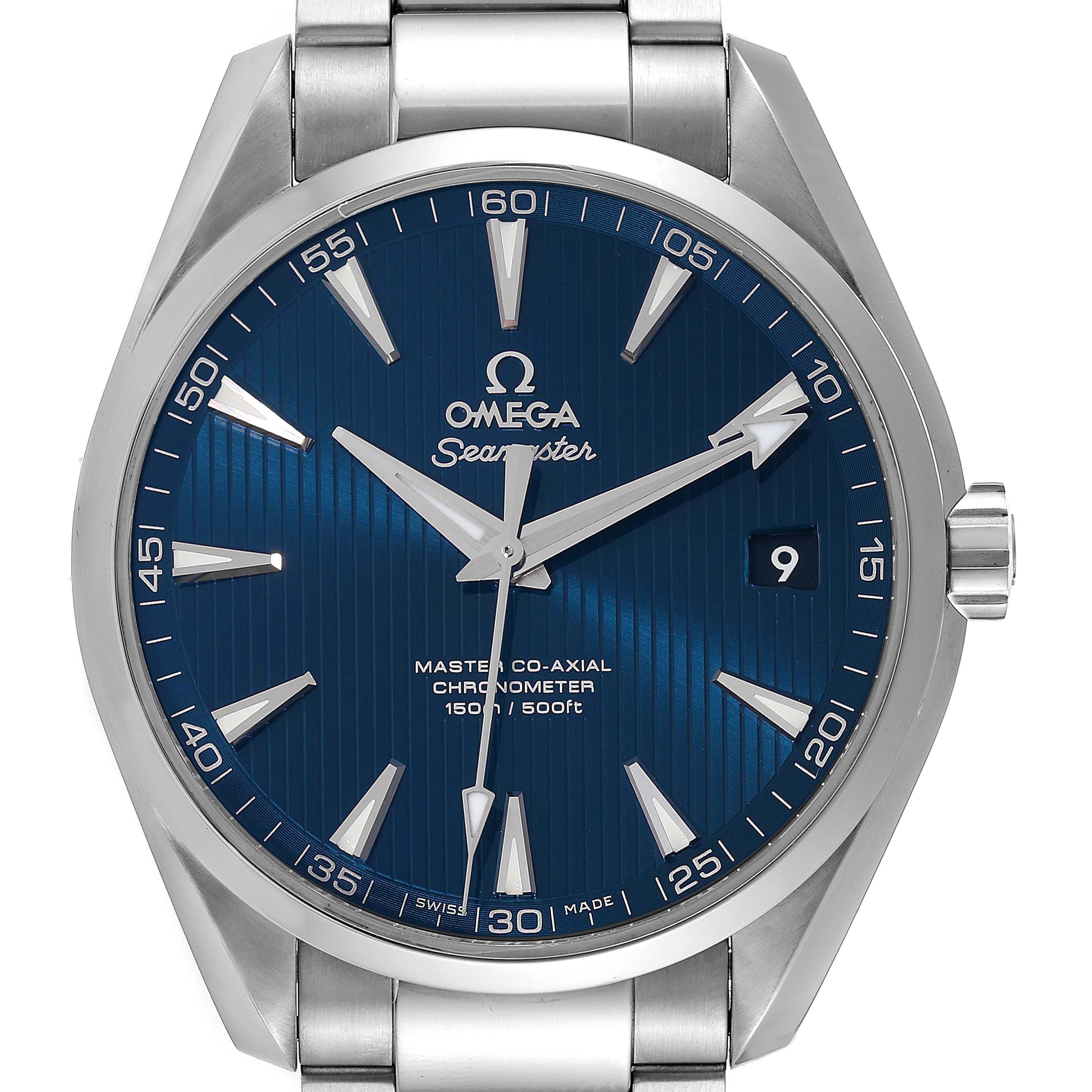 The image shows a front view of the Omega Aqua Terra 231.10.42.21.03.003 Men
s Stainless Steel Blue Dial 231.10.42.21.03.003 Men
s Stainless Steel Blue Dial model watch, highlighting its blue dial, silver indices, and metal bracelet.