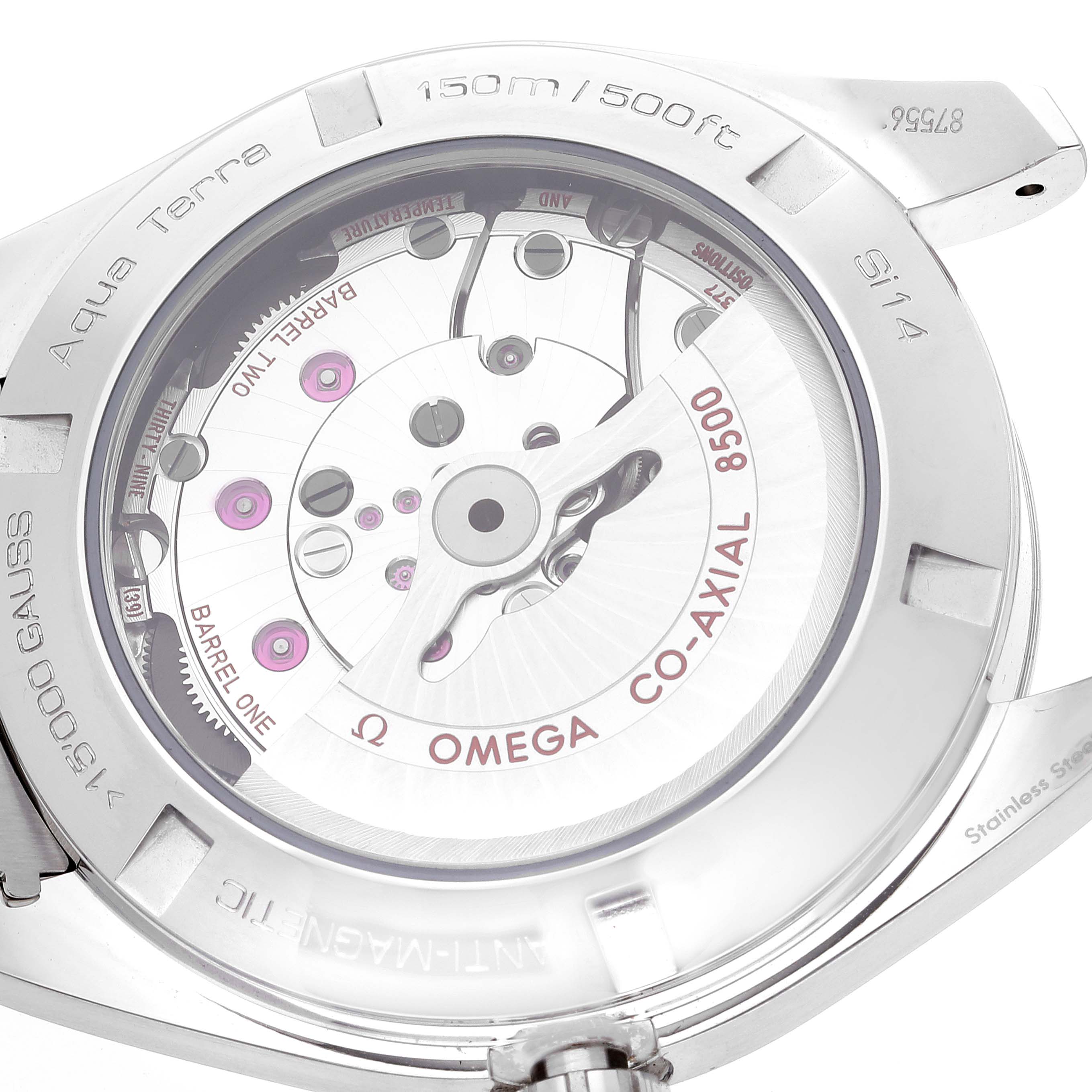 The image shows the back view of the Omega Aqua Terra 231.10.42.21.03.003 Men
s Stainless Steel Blue Dial 231.10.42.21.03.003 Men
s Stainless Steel Blue Dial watch, revealing the Co-Axial 8500 movement.