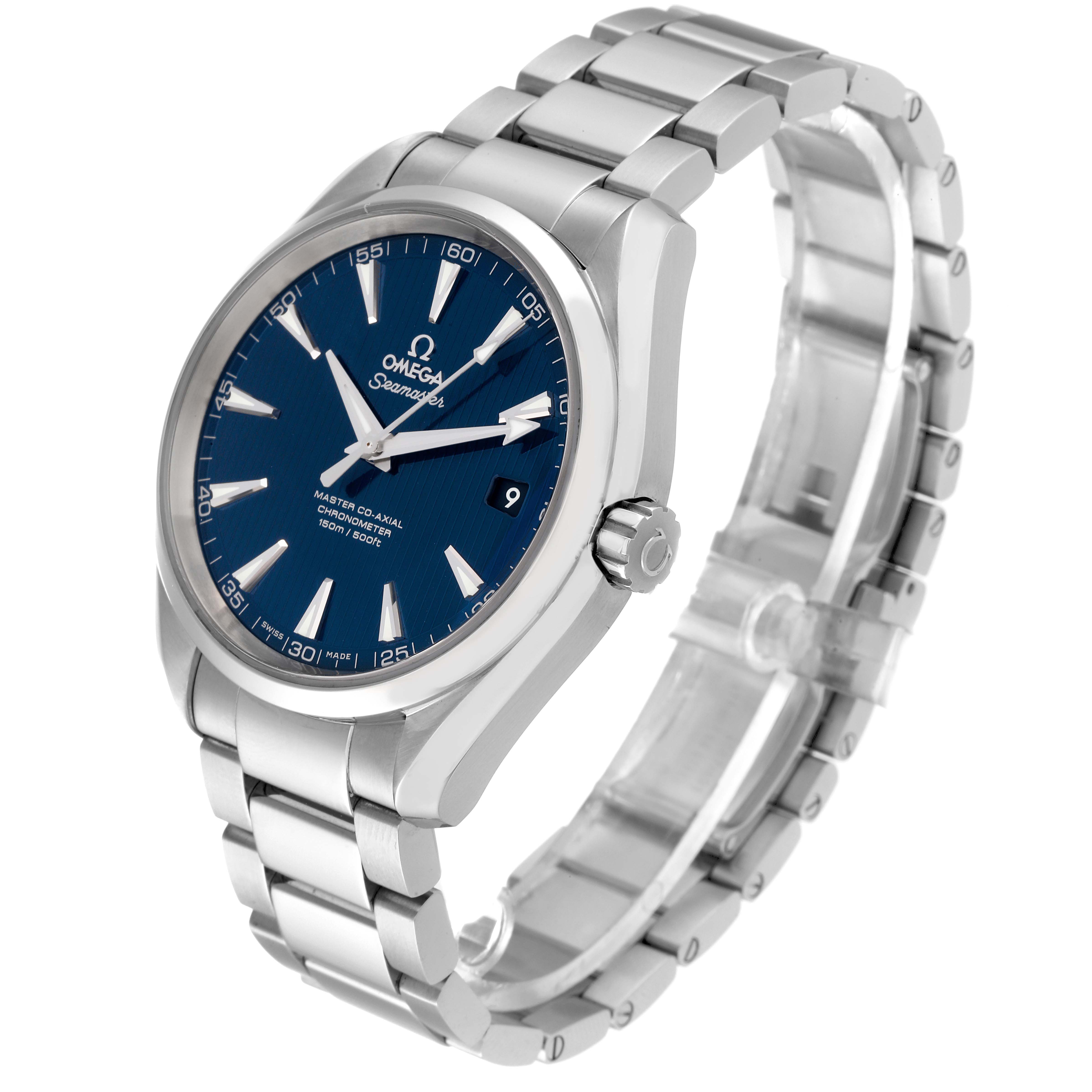 The image shows an Omega Aqua Terra 231.10.42.21.03.003 Men
s Stainless Steel Blue Dial 231.10.42.21.03.003 Men
s Stainless Steel Blue Dial model watch from an oblique angle, displaying the face, bracelet, and crown.