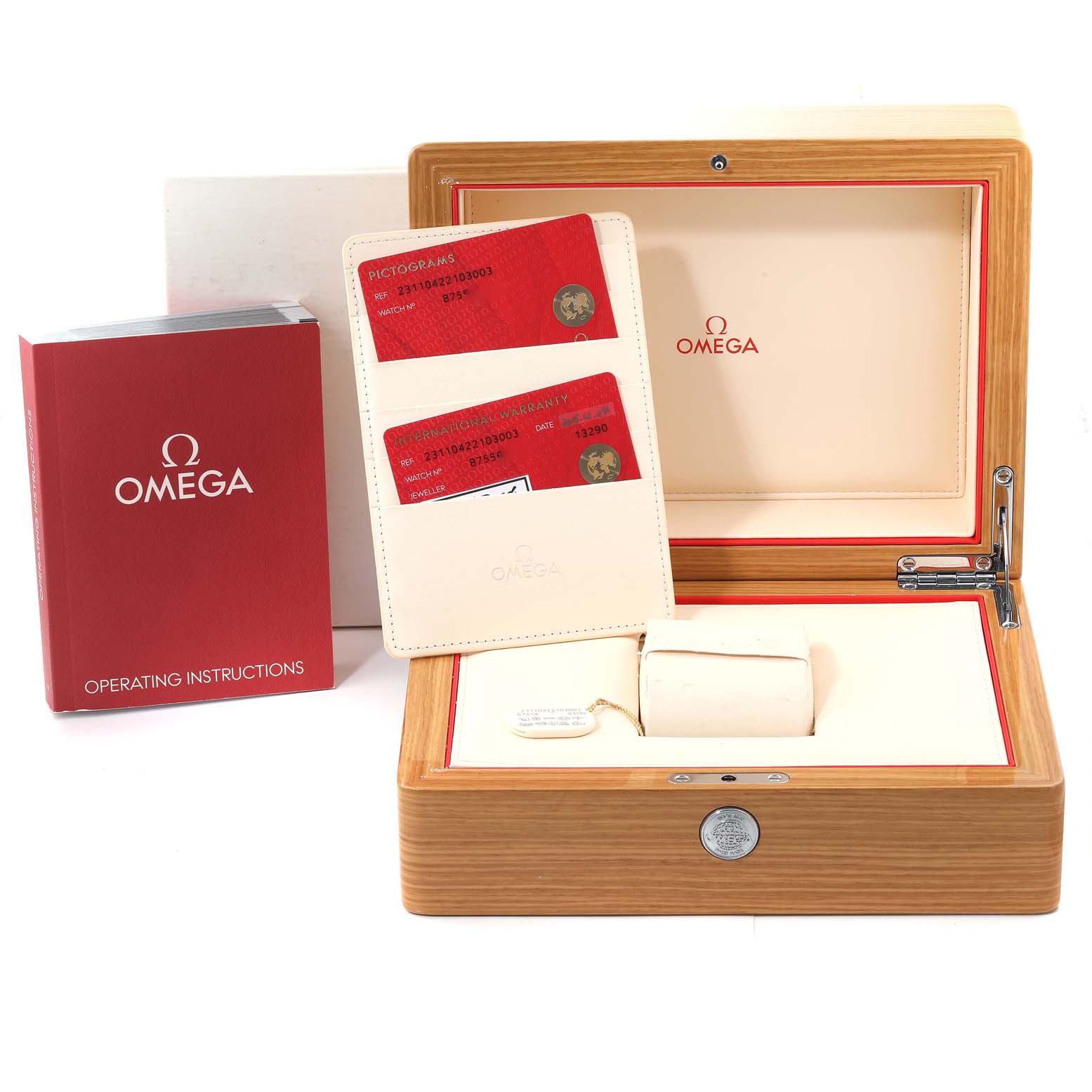 The image shows an Omega Aqua Terra 231.10.42.21.03.003 Men
s Stainless Steel Blue Dial 231.10.42.21.03.003 Men
s Stainless Steel Blue Dial watch box, operating instructions, and warranty cards.