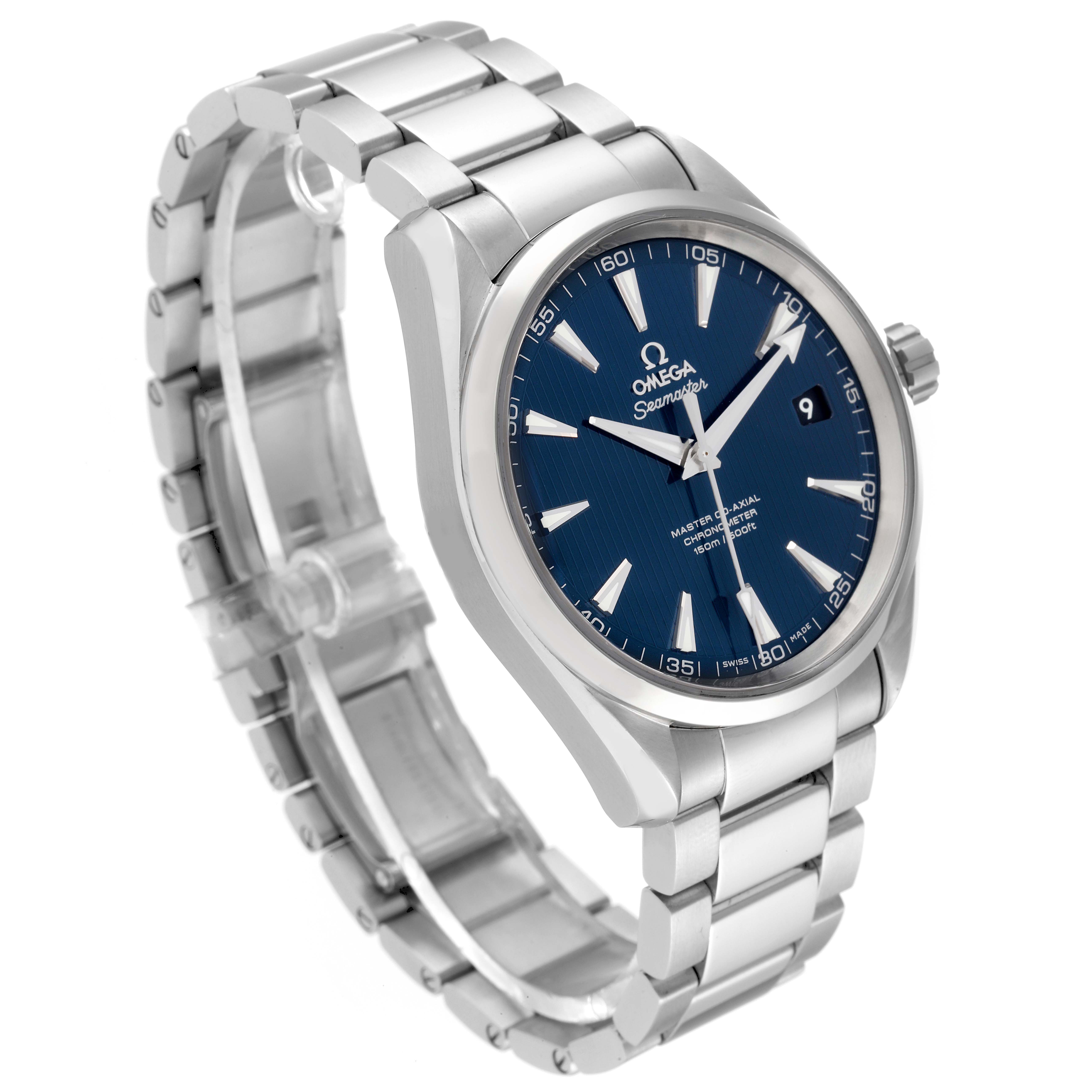The image shows an Omega Aqua Terra 231.10.42.21.03.003 Men
s Stainless Steel Blue Dial 231.10.42.21.03.003 Men
s Stainless Steel Blue Dial watch angled to display its blue dial, stainless steel case, and bracelet.