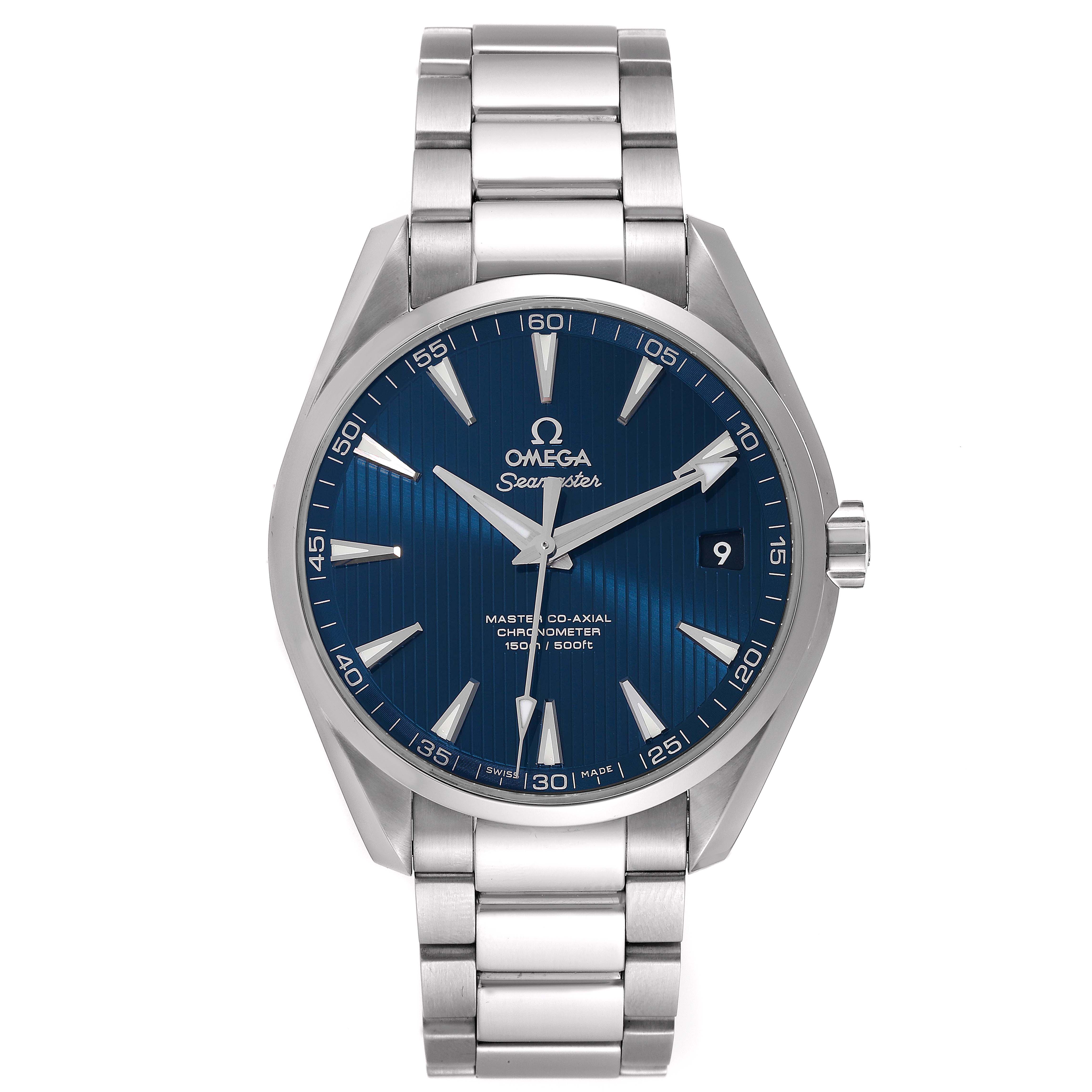 This is a frontal view of the Omega Aqua Terra 231.10.42.21.03.003 Men
s Stainless Steel Blue Dial 231.10.42.21.03.003 Men
s Stainless Steel Blue Dial watch, displaying the dial, bracelet, and crown.