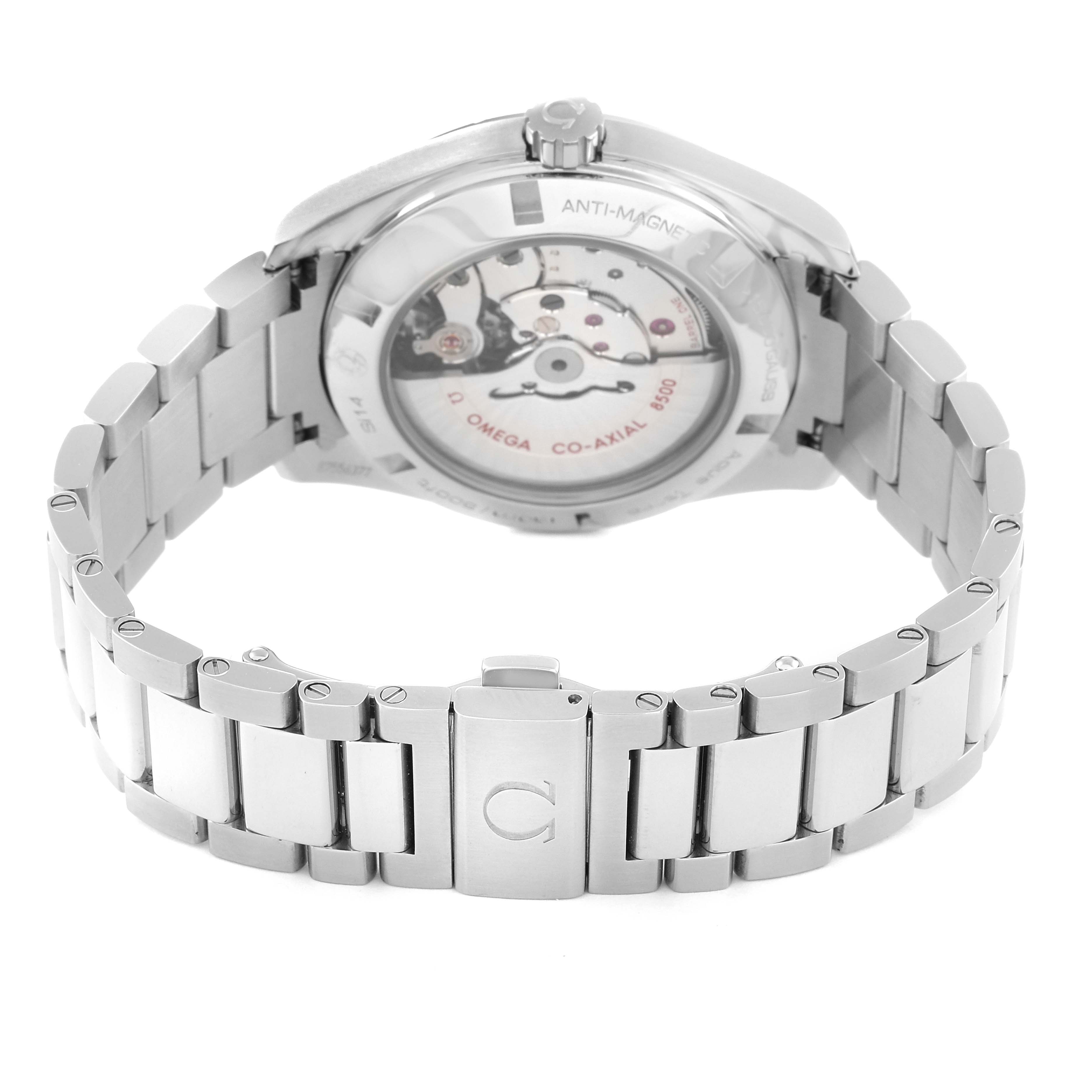 The image shows the back and bracelet of the Aqua Terra Omega watch, highlighting its automatic movement and clasp.