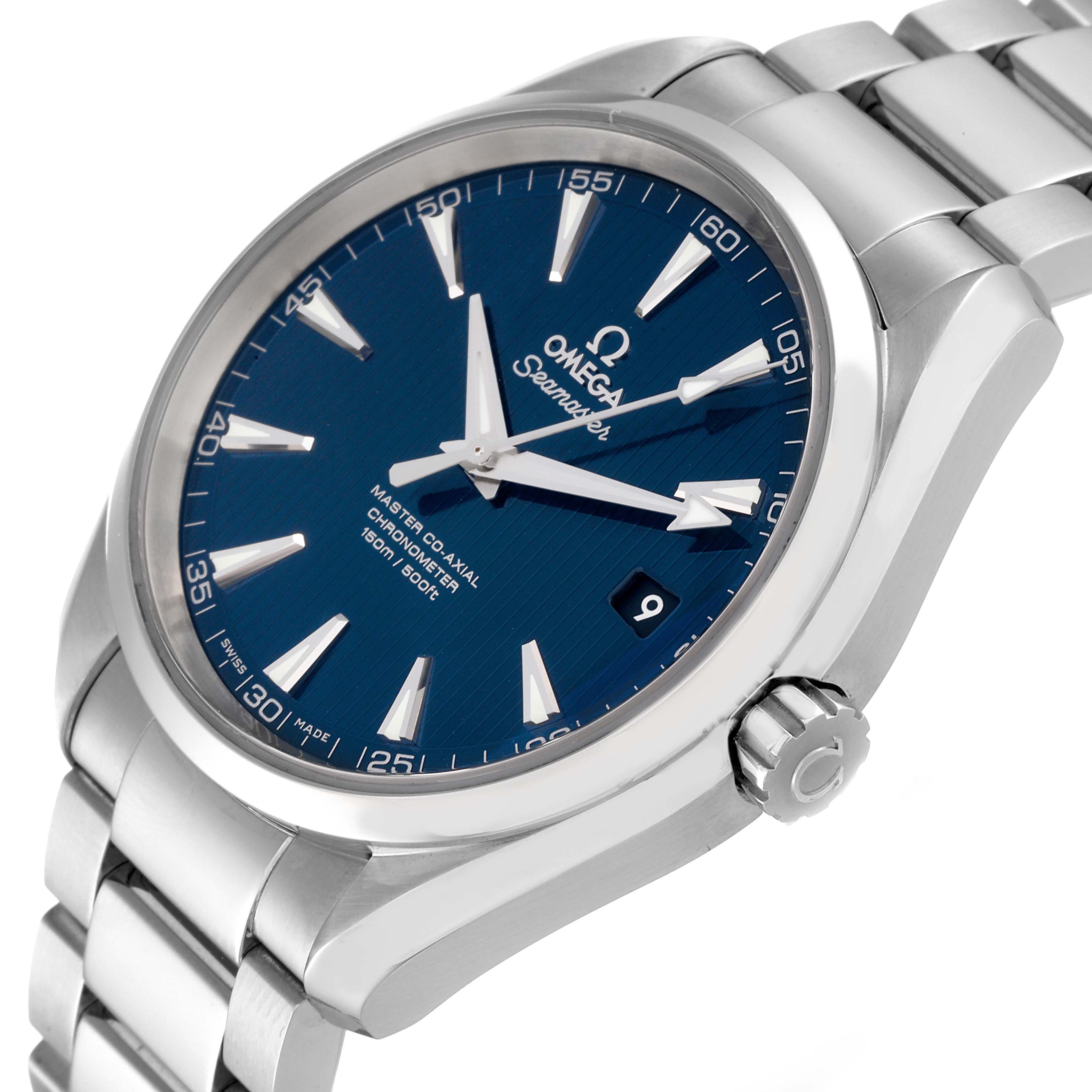 The image shows an Omega Aqua Terra 231.10.42.21.03.003 Men
s Stainless Steel Blue Dial 231.10.42.21.03.003 Men
s Stainless Steel Blue Dial watch at an angled view highlighting the dial, crown, and bracelet.