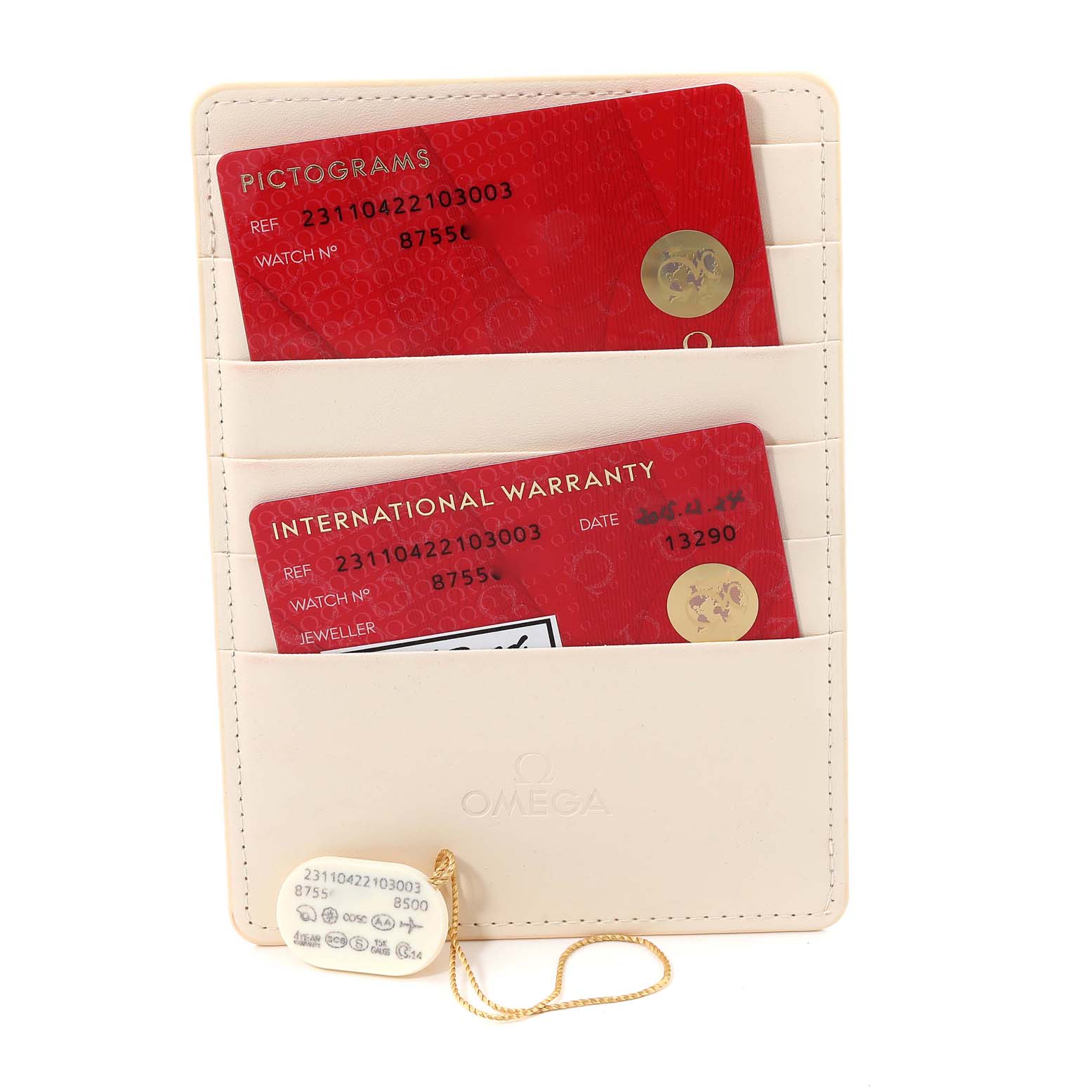 The image shows Omega Aqua Terra 231.10.42.21.03.003 Men
s Stainless Steel Blue Dial 231.10.42.21.03.003 Men
s Stainless Steel Blue Dial model warranty and pictograms cards in a cream-colored cardholder.